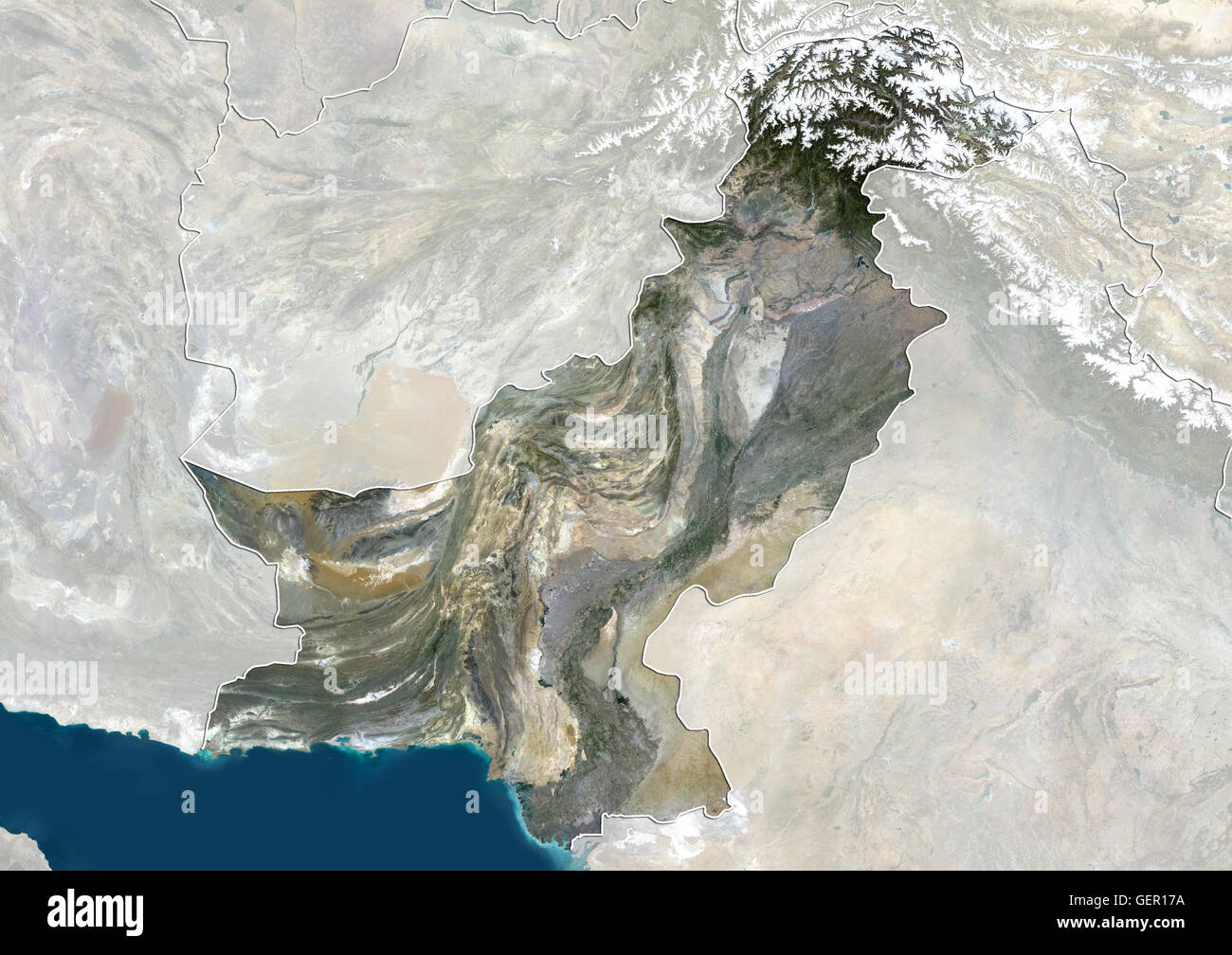 Satellite view of Pakistan (with country boundaries and mask). This image was compiled from data acquired by Landsat 8 satellite in 2014. Stock Photo