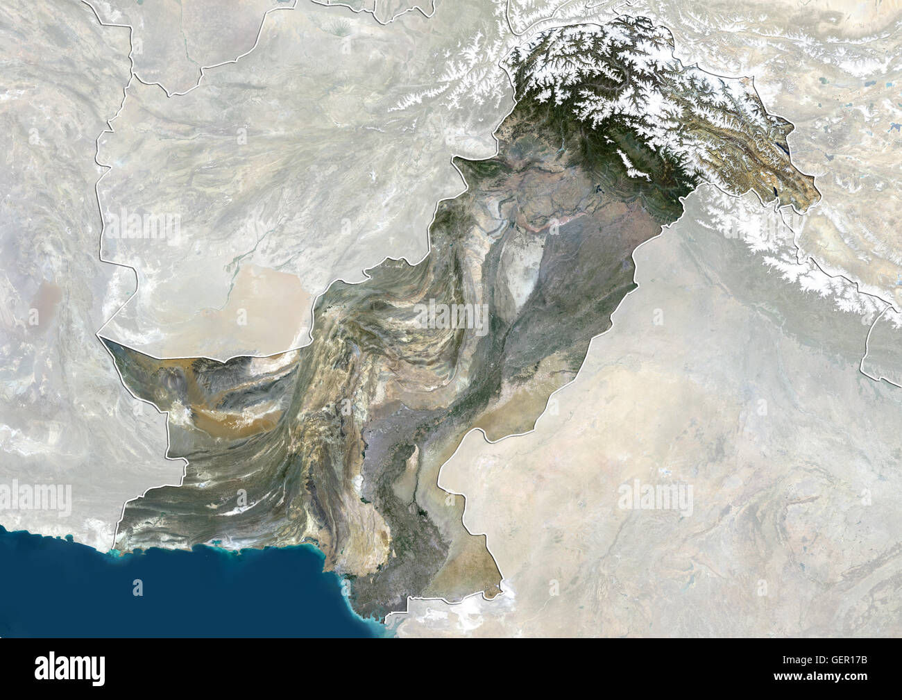 Satellite view of Pakistan (with country boundaries and mask) showing disputed boundaries with India. This image was compiled from data acquired by Landsat 8 satellite in 2014. Stock Photo