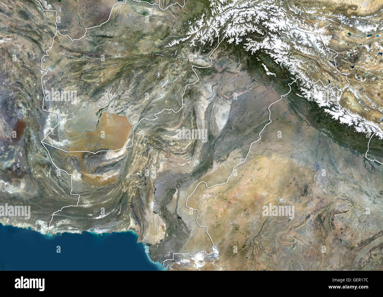 Satellite view of Pakistan (with country boundaries) showing disputed boundaries with India. This image was compiled from data acquired by Landsat 8 satellite in 2014. Stock Photo