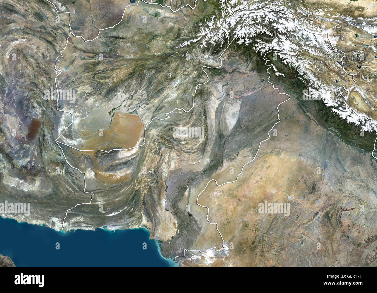 Satellite view of Pakistan (with country boundaries). This image was compiled from data acquired by Landsat 8 satellite in 2014. Stock Photo