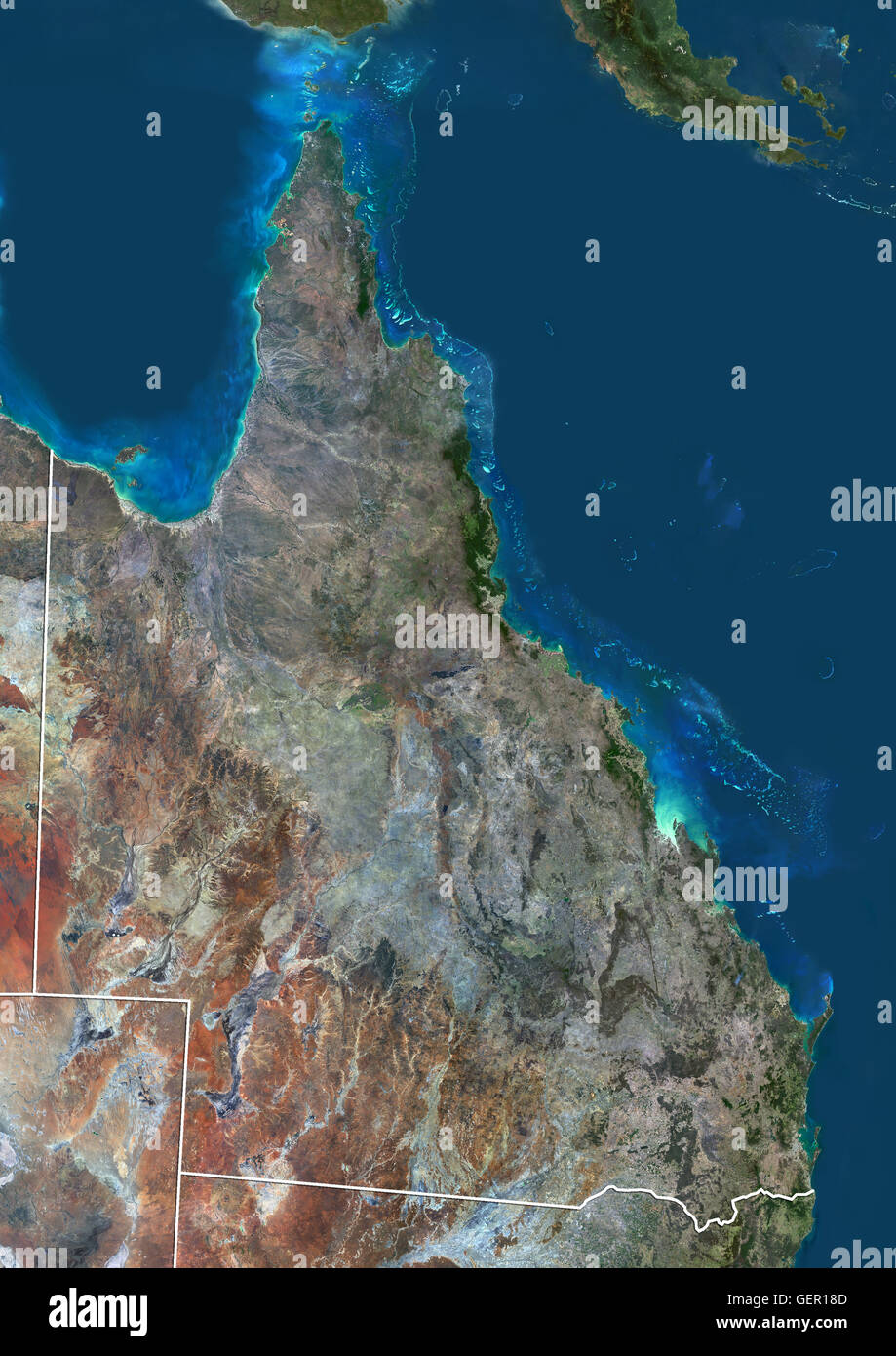 Satellite view of Queensland, Australia (with administrative boundaries). The Great Barrier Reef extends along most of Queensland's coastline. This image was compiled from data acquired by Landsat 8 satellite in 2014. Stock Photo