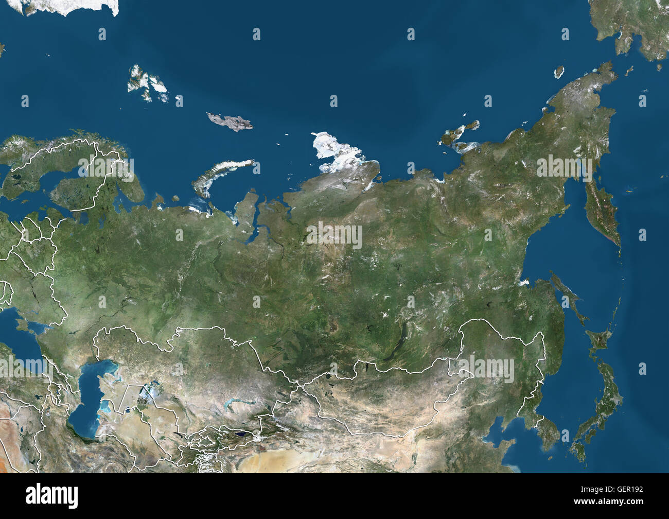 Satellite view of Russia, with neighbouring countries Belarus, Kazakhstan and Mongolia (with country boundaries). This image was compiled from data acquired by Landsat satellites. Stock Photo