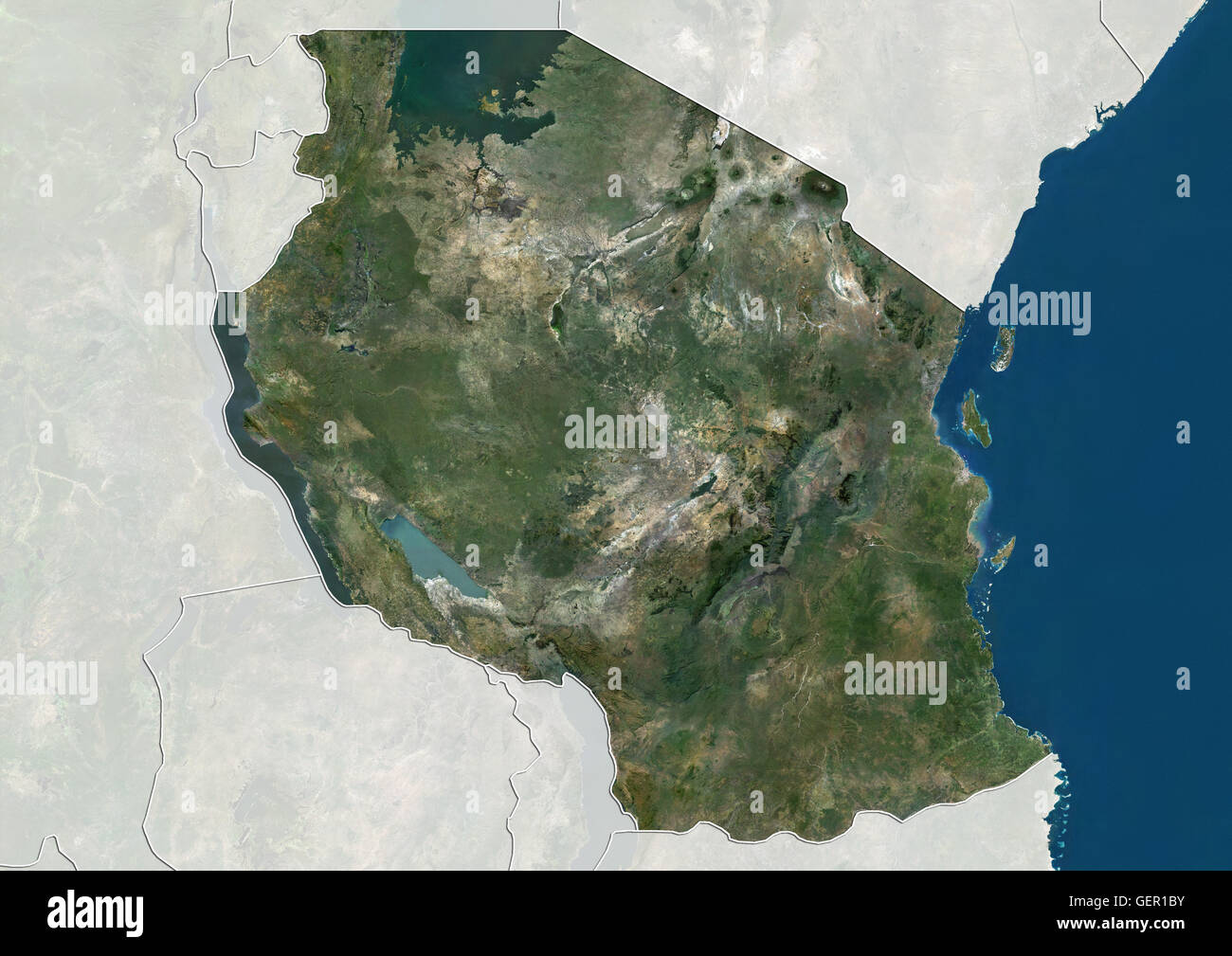 Satellite view of Tanzania (with country boundaries and mask). This image was compiled from data acquired by Landsat satellites. Stock Photo