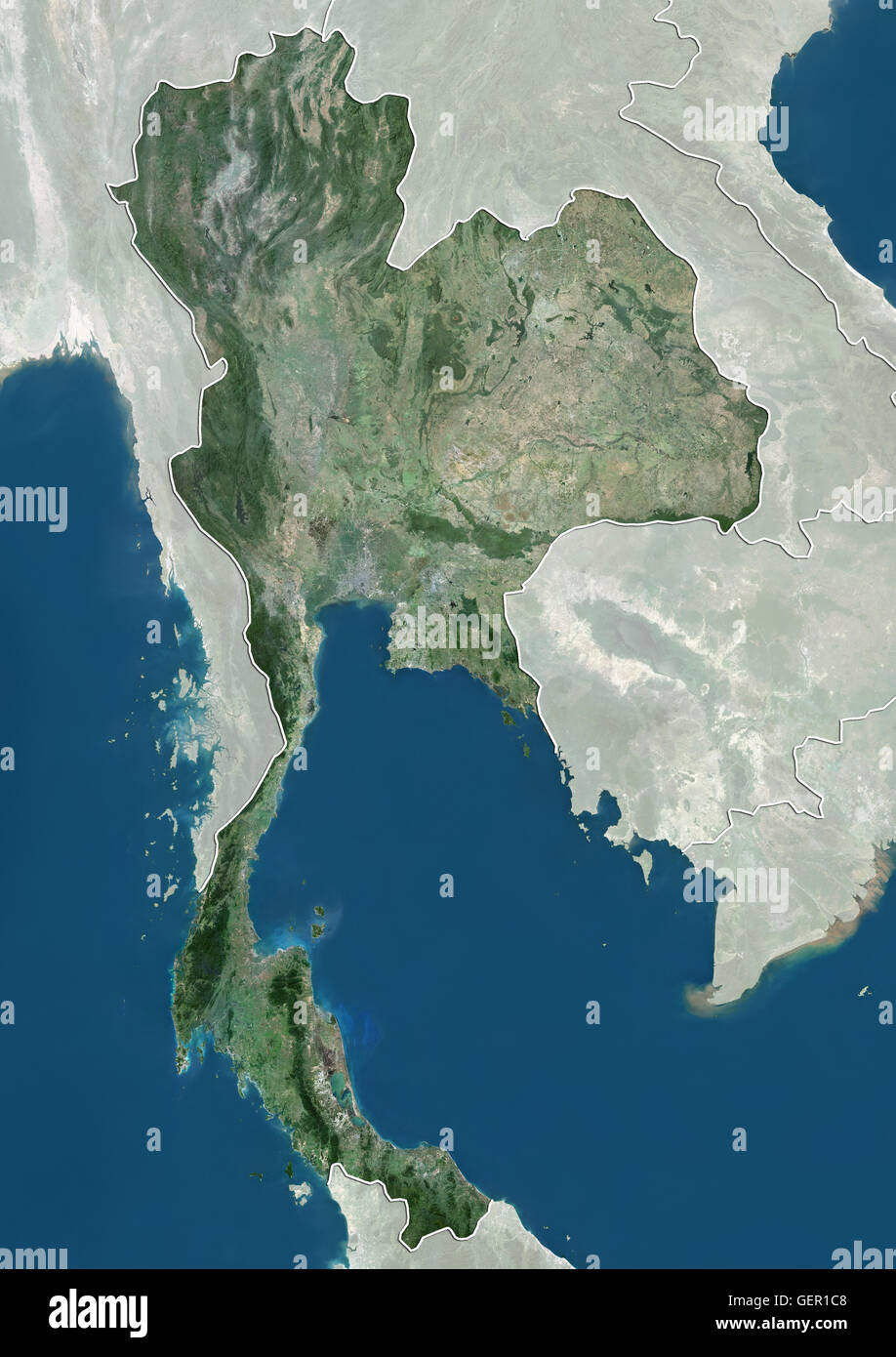 Satellite view of Thailand (with country boundaries and mask). This