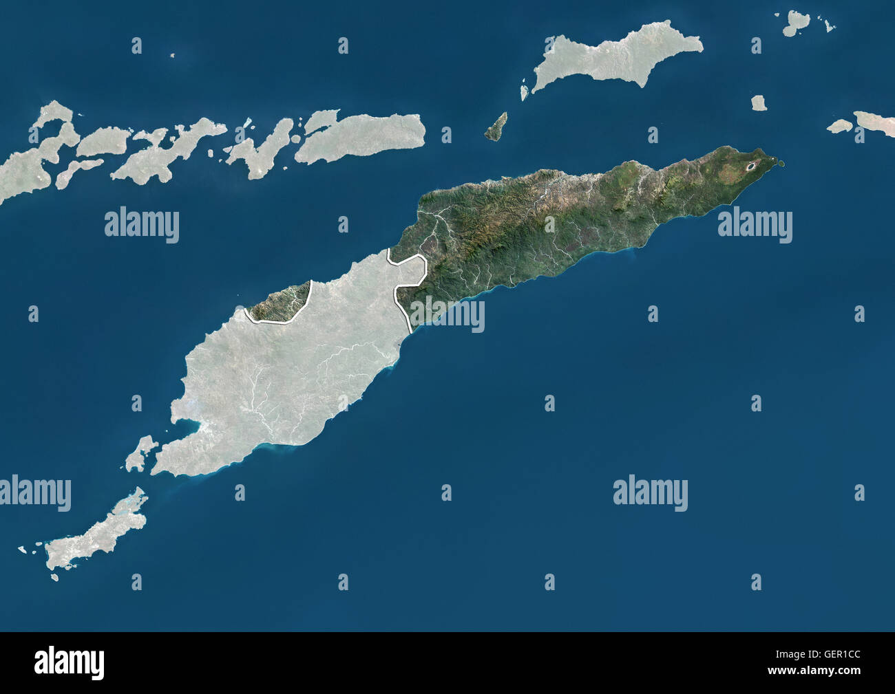 Satellite view of East Timor (with country boundaries and mask). This image was compiled from data acquired by Landsat satellites. Stock Photo