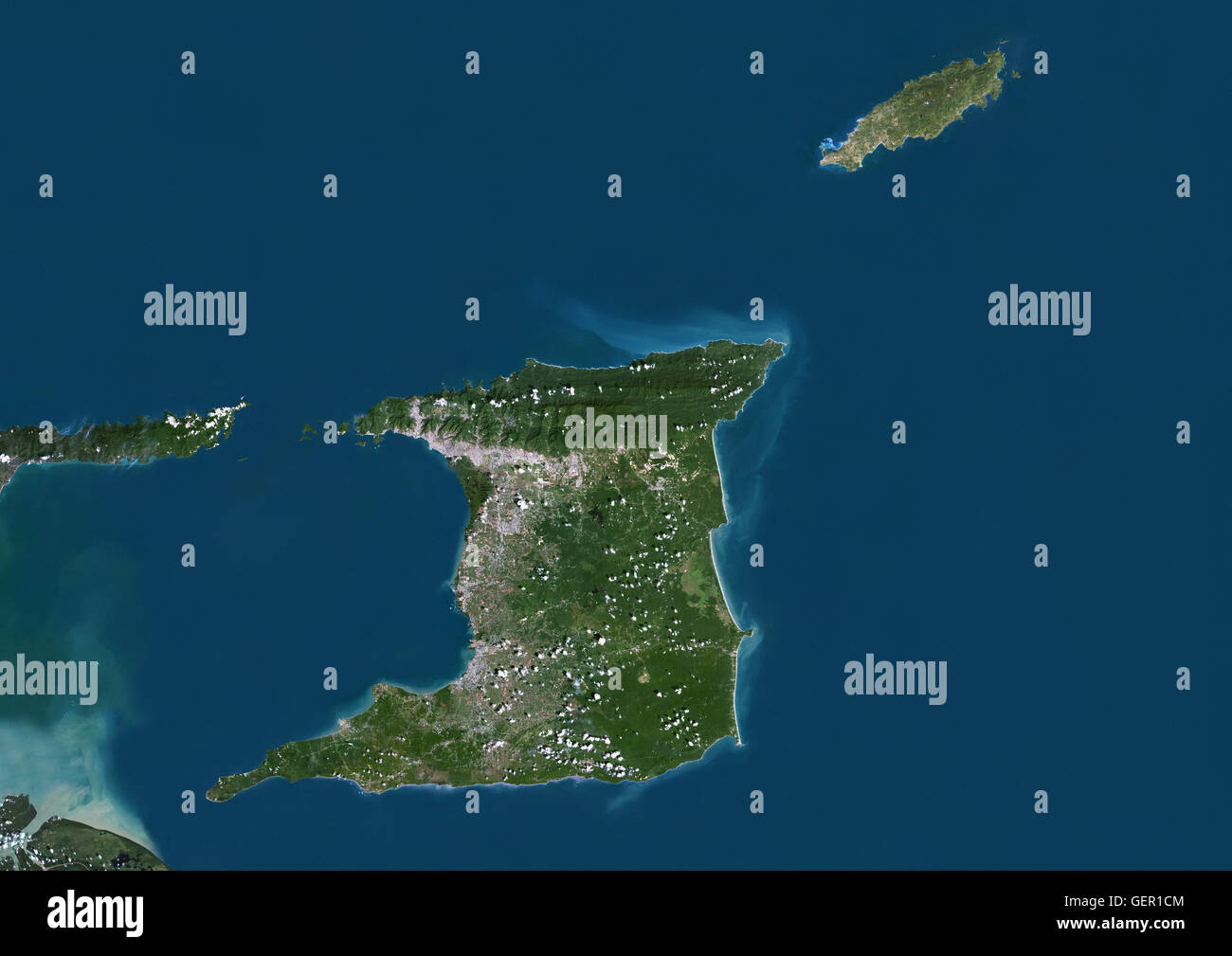 Satellite view of Trinidad and Tobago. This image was compiled from data acquired by Landsat satellites. Stock Photo