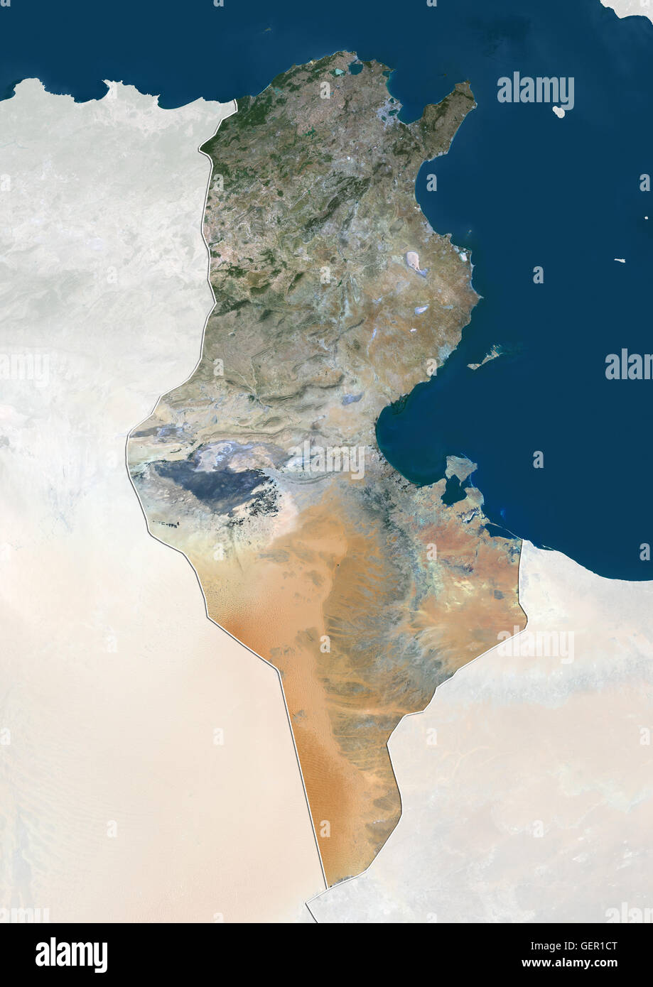 Satellite view of Tunisia (with country boundaries and mask). This image was compiled from data acquired by Landsat 8 satellite in 2014. Stock Photo