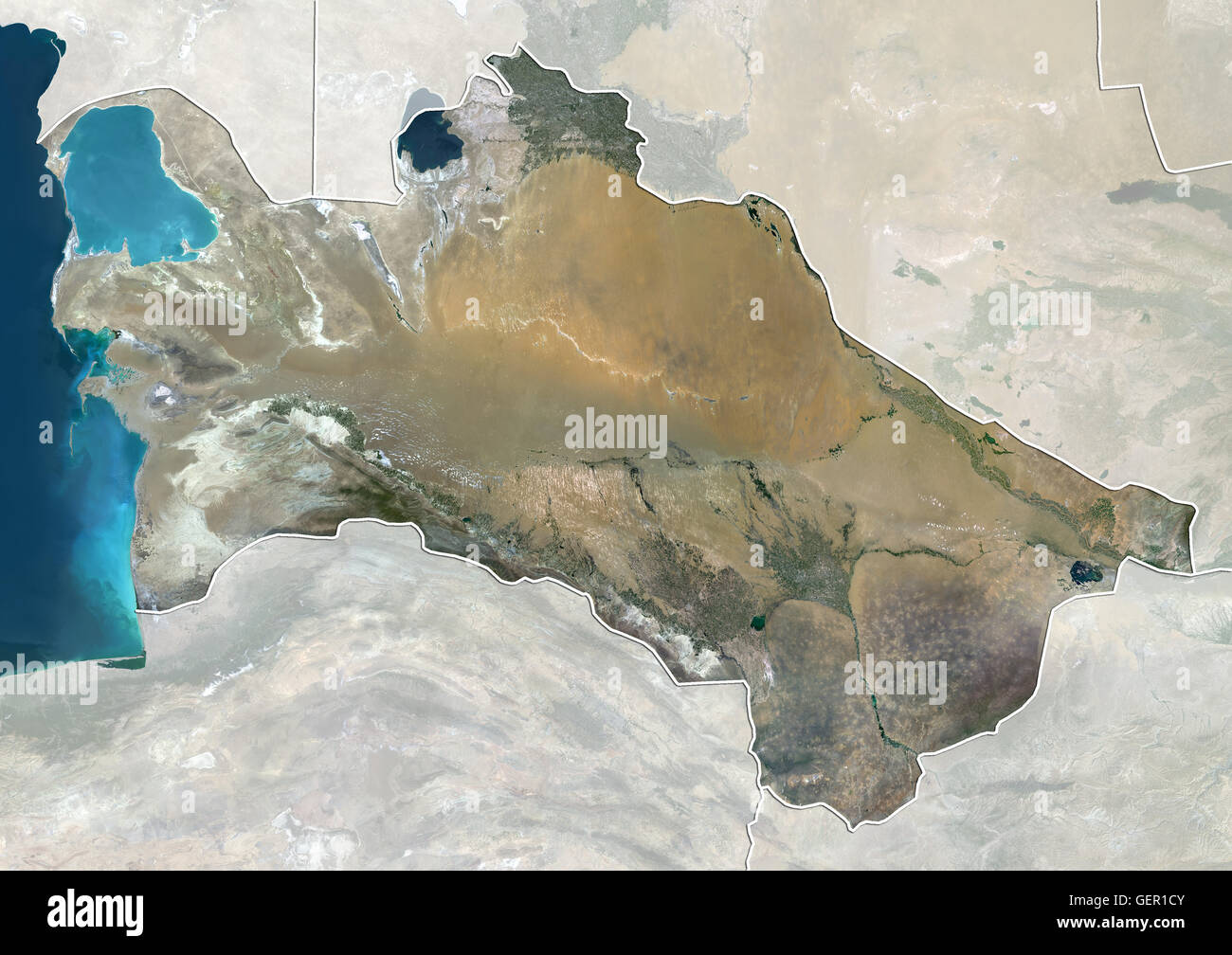 Satellite view of Turkmenistan (with country boundaries and mask). This image was compiled from data acquired by Landsat 8 satellite in 2014. Stock Photo
