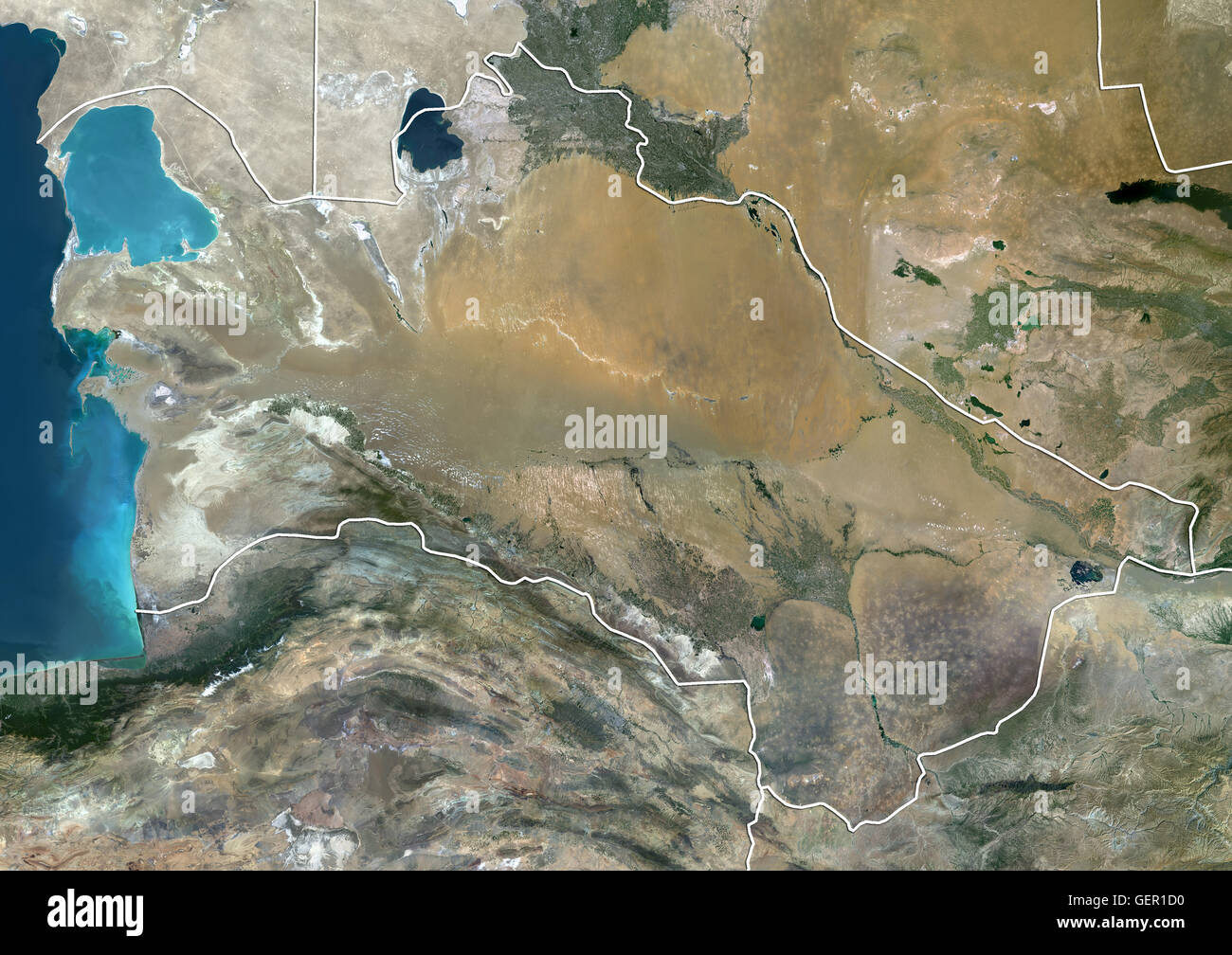 Satellite view of Turkmenistan (with country boundaries). This image was compiled from data acquired by Landsat 8 satellite in 2014. Stock Photo