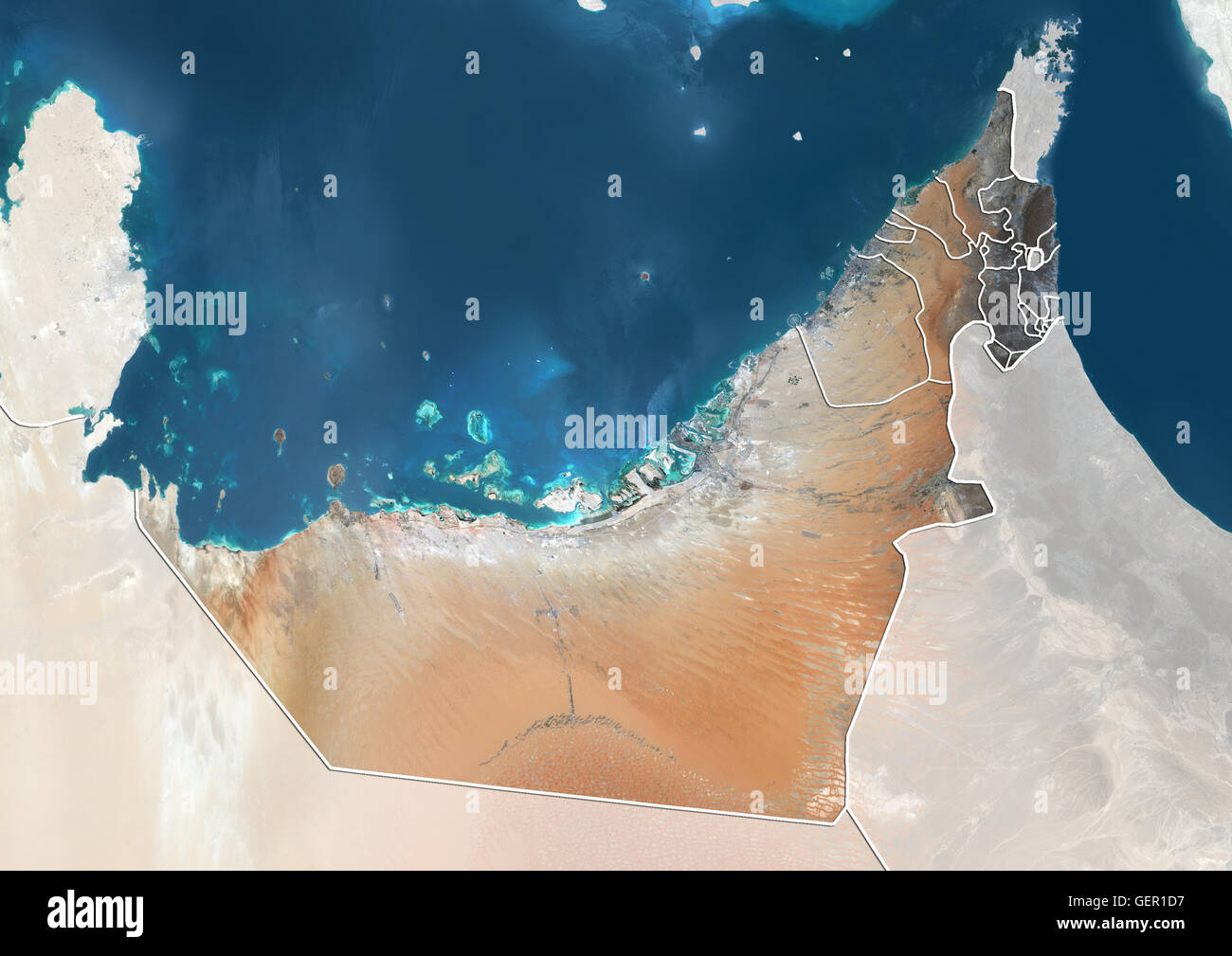 Satellite view of the United Arab Emirates (with country boundaries and mask). The image shows the Emirates of Dubai, Sharjah, Ajman, Umm al-Quwain, Ras al-Khaimah and Fujairah. This image was compiled from data acquired by Landsat 8 satellite in 2014. Stock Photo