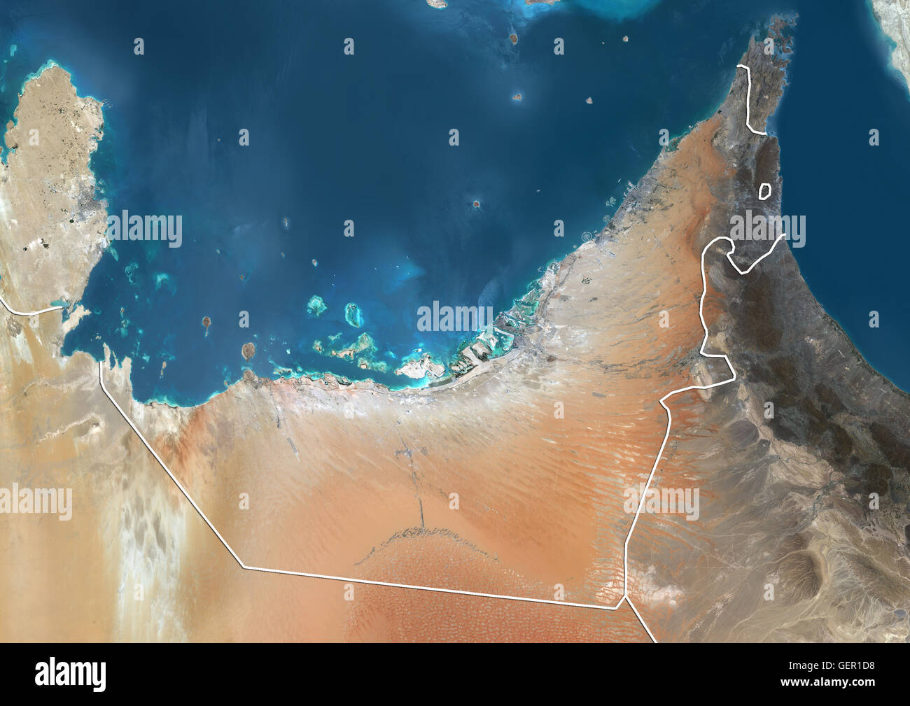 Satellite view of the United Arab Emirates (with country boundaries). The image shows the Emirates of Dubai, Sharjah, Ajman, Umm al-Quwain, Ras al-Khaimah and Fujairah. This image was compiled from data acquired by Landsat 8 satellite in 2014. Stock Photo