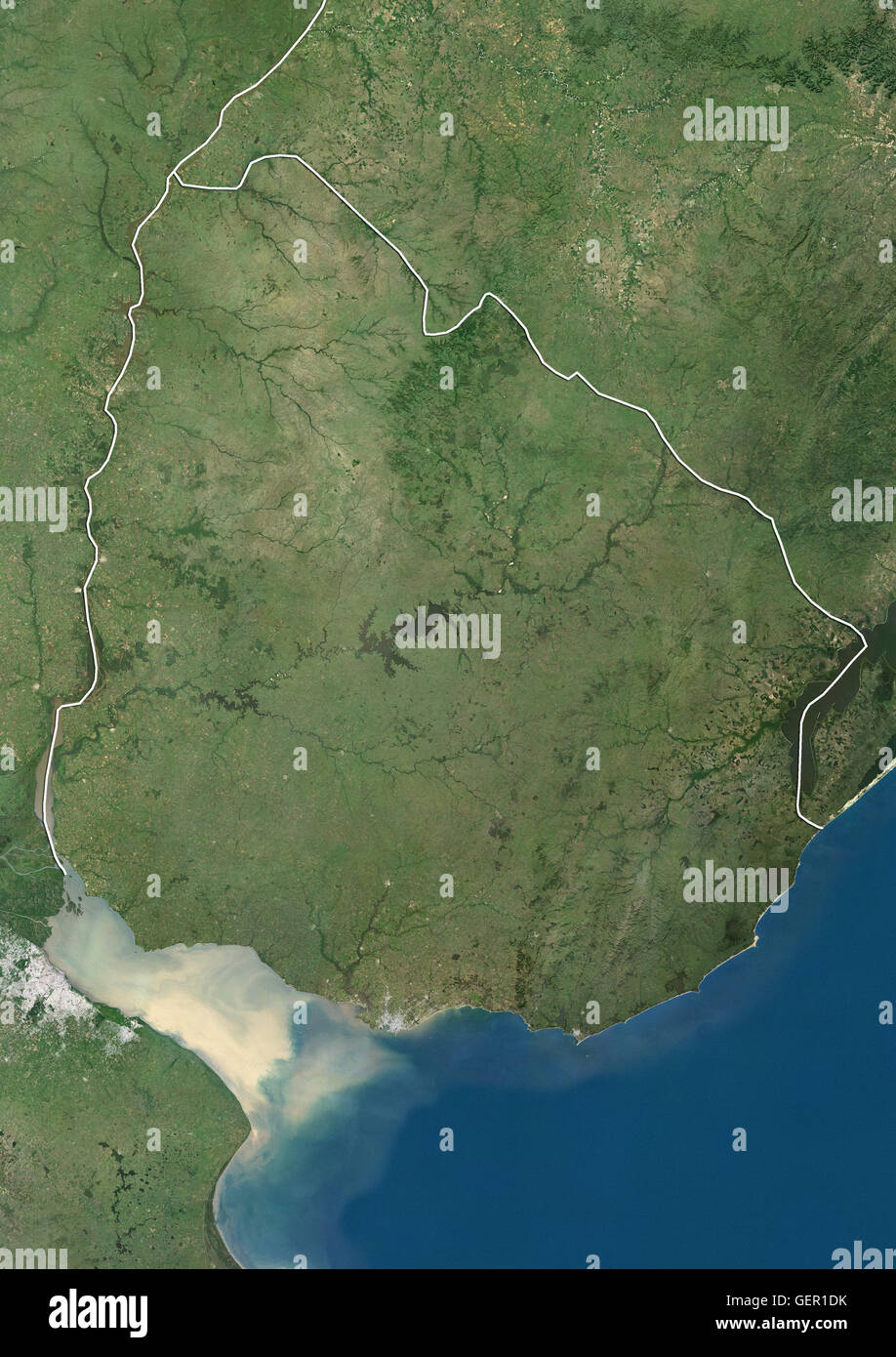 Satellite view of Uruguay (with country boundaries). This image was compiled from data acquired by Landsat satellites. Stock Photo