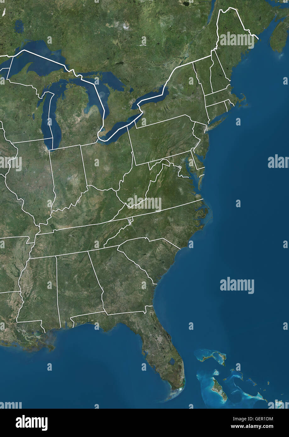 Satellite view of the Eastern coast of the United States (with administrative boundaries). This image was compiled from data acquired by Landsat satellites. Stock Photo