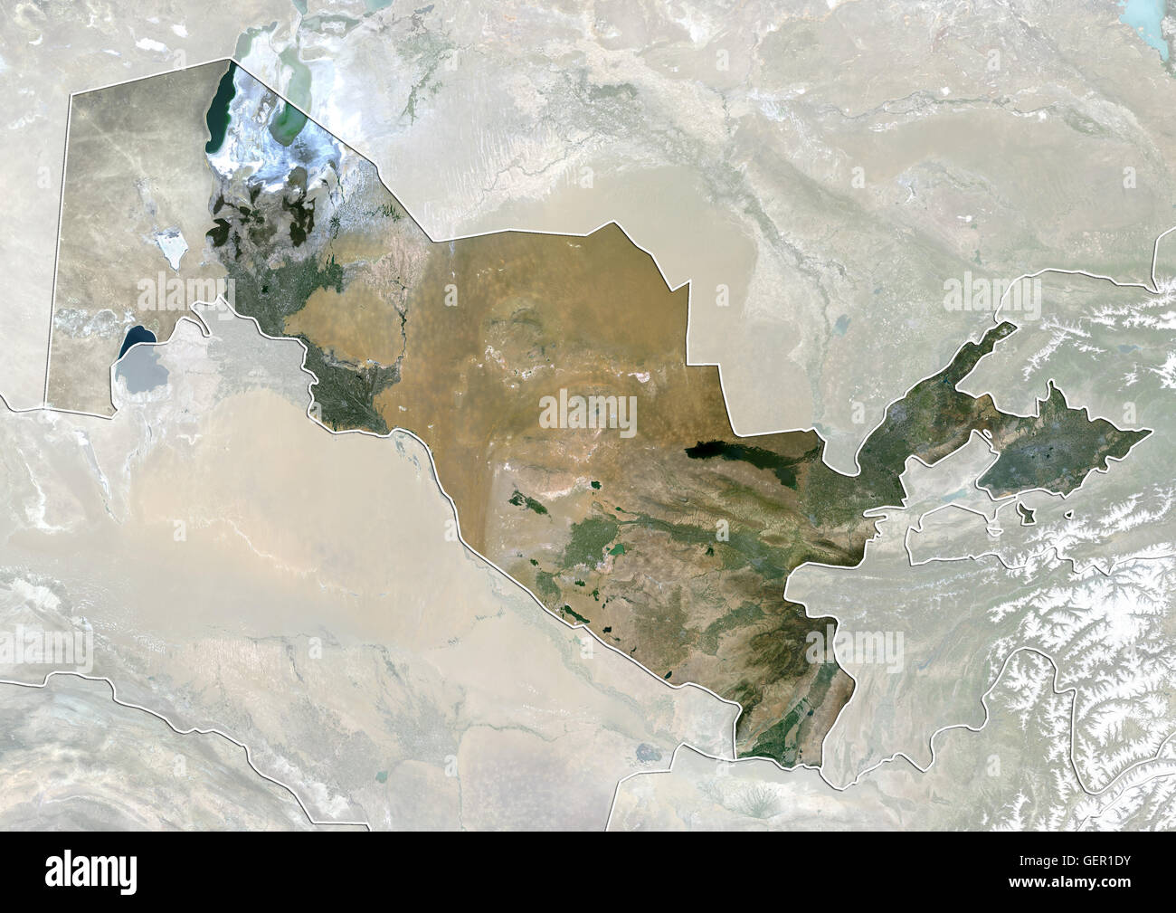 Satellite view of Uzbekistan (with country boundaries and mask). This image was compiled from data acquired by Landsat 8 satellite in 2014. Stock Photo