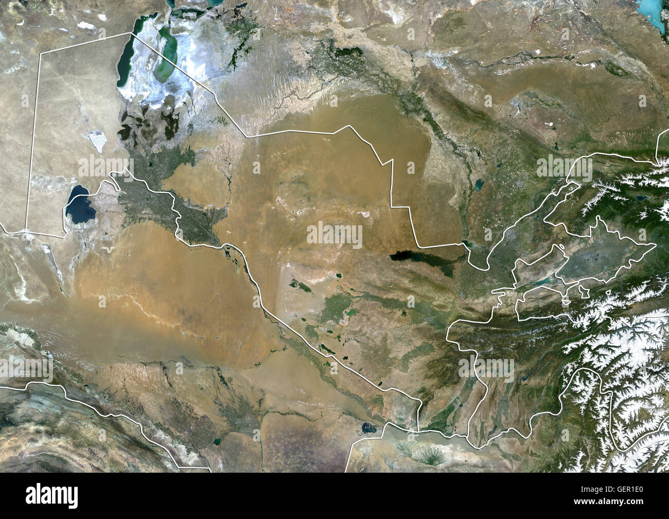 Satellite view of Uzbekistan (with country boundaries). This image was compiled from data acquired by Landsat 8 satellite in 2014. Stock Photo