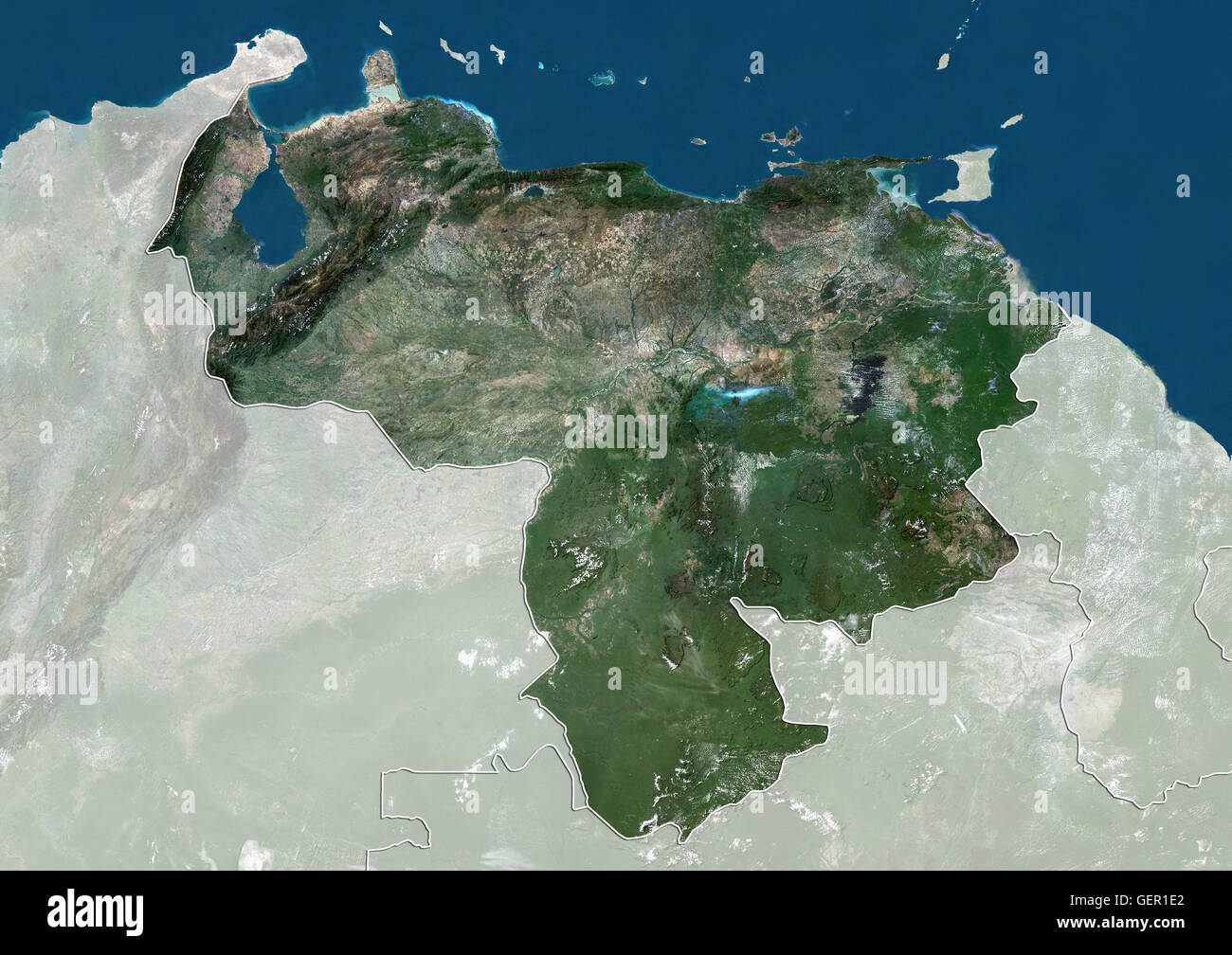 Satellite view of Venezuela (with country boundaries and mask). This image was compiled from data acquired by Landsat satellites. Stock Photo