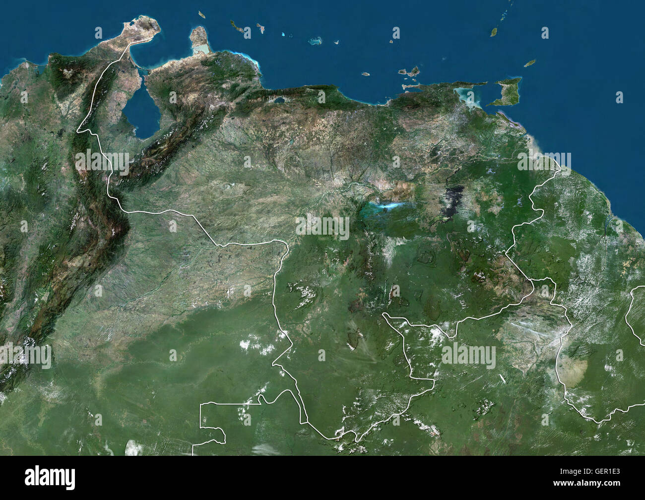 Satellite view of Venezuela (with country boundaries). This image was compiled from data acquired by Landsat satellites. Stock Photo