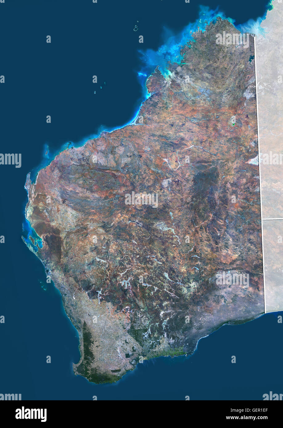 Satellite view of Western Australia (with administrative boundaries and mask). This image was compiled from data acquired by Landsat 8 satellite in 2014. Stock Photo