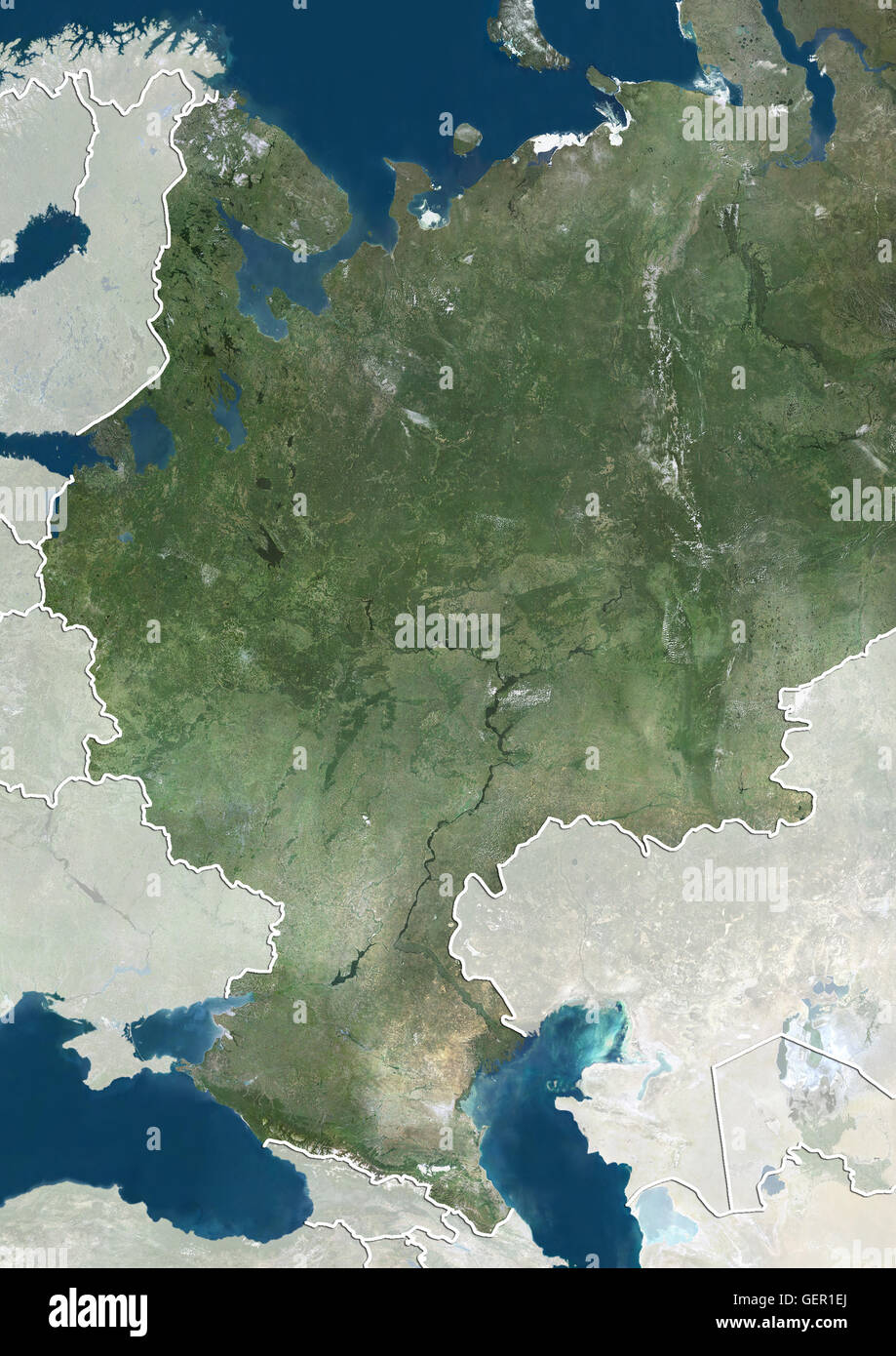 Satellite view of Central Russia (with country boundaries and mask). This image was compiled from data acquired by Landsat satellites. Stock Photo