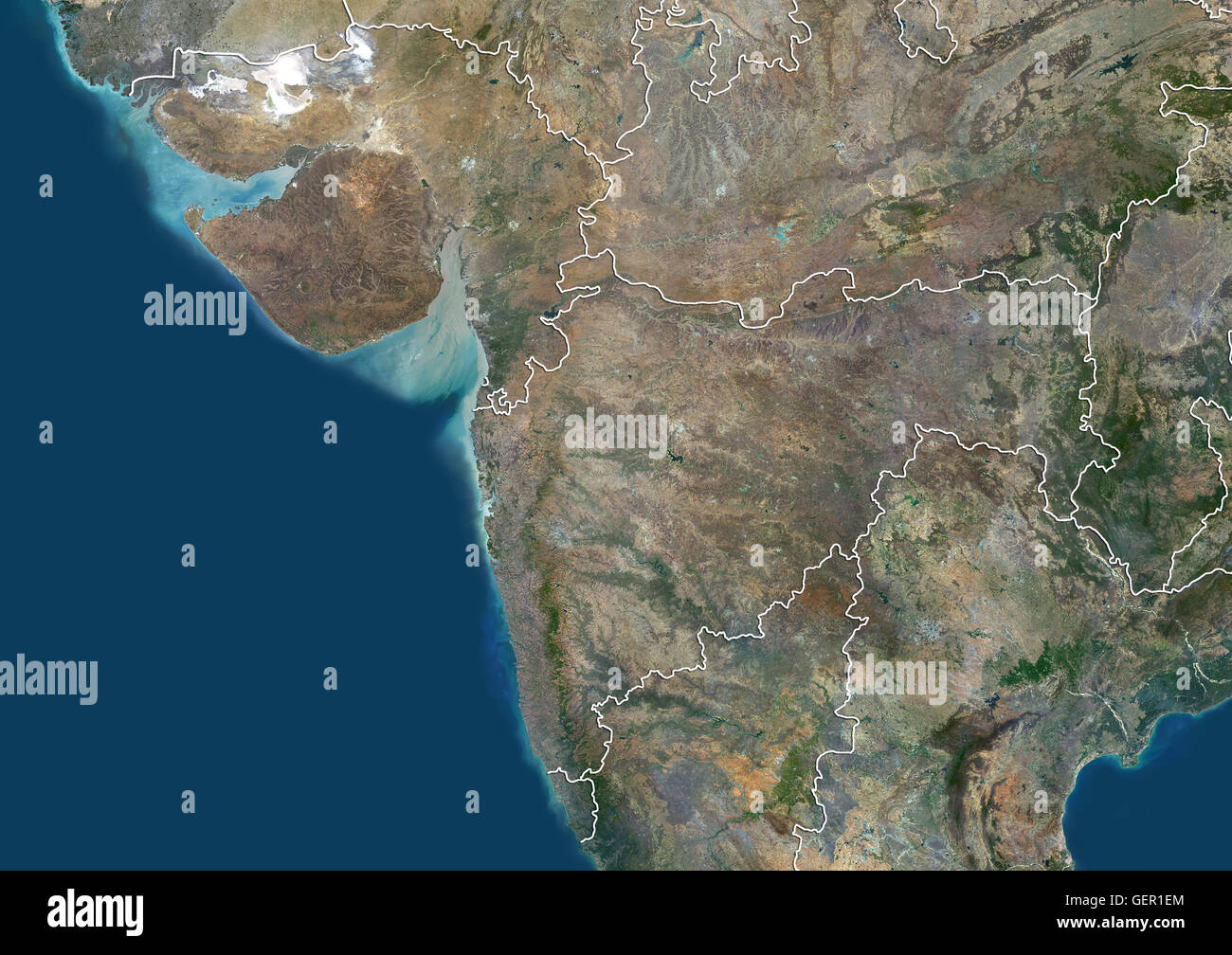 Satellite view of Western India (with administrative boundaries). It covers the states of Goa, Gujarat and Maharashtra. This image was compiled from data acquired by Landsat 8 satellite in 2014. Stock Photo