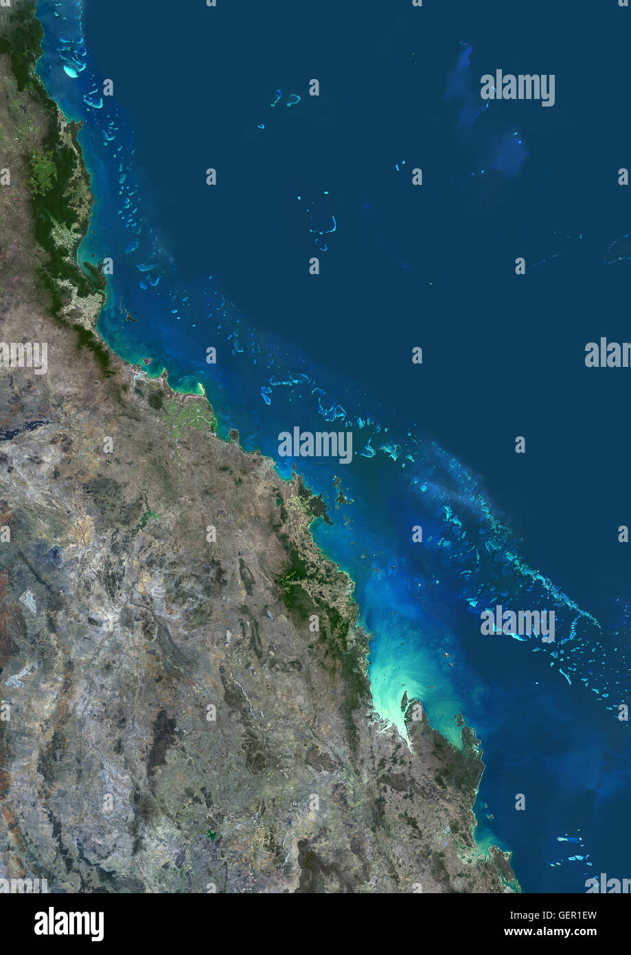 Satellite view of the Central Great Barrier Reef along Queensland's coastline in north-east Australia. The area covered goes from Cairns at north down to Townsville, Mackay and Rockhampton at south. This image was compiled from data acquired in 2014 by La Stock Photo