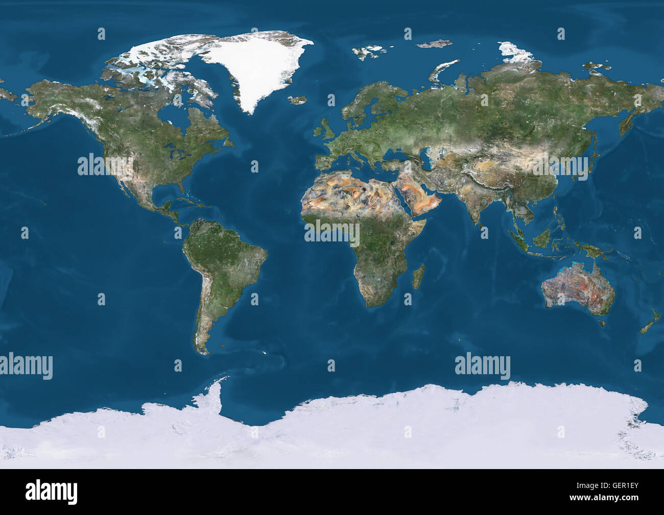 True natural colour satellite image of the Earth. This image was compiled from data acquired by Landsat satellites. Stock Photo