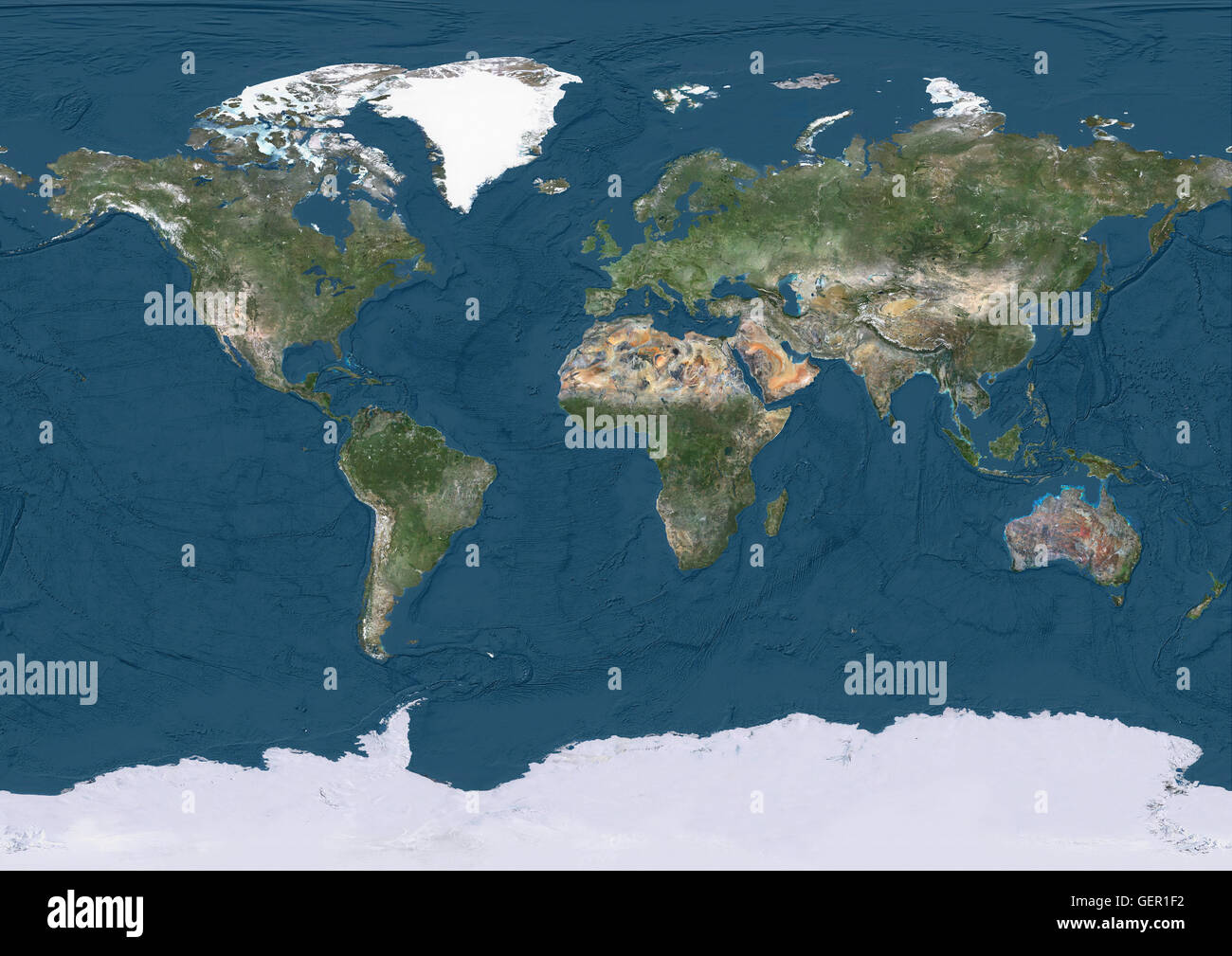 True natural colour satellite image of the Earth, showing ocean depths. This image was compiled from data acquired by Landsat satellites. Stock Photo