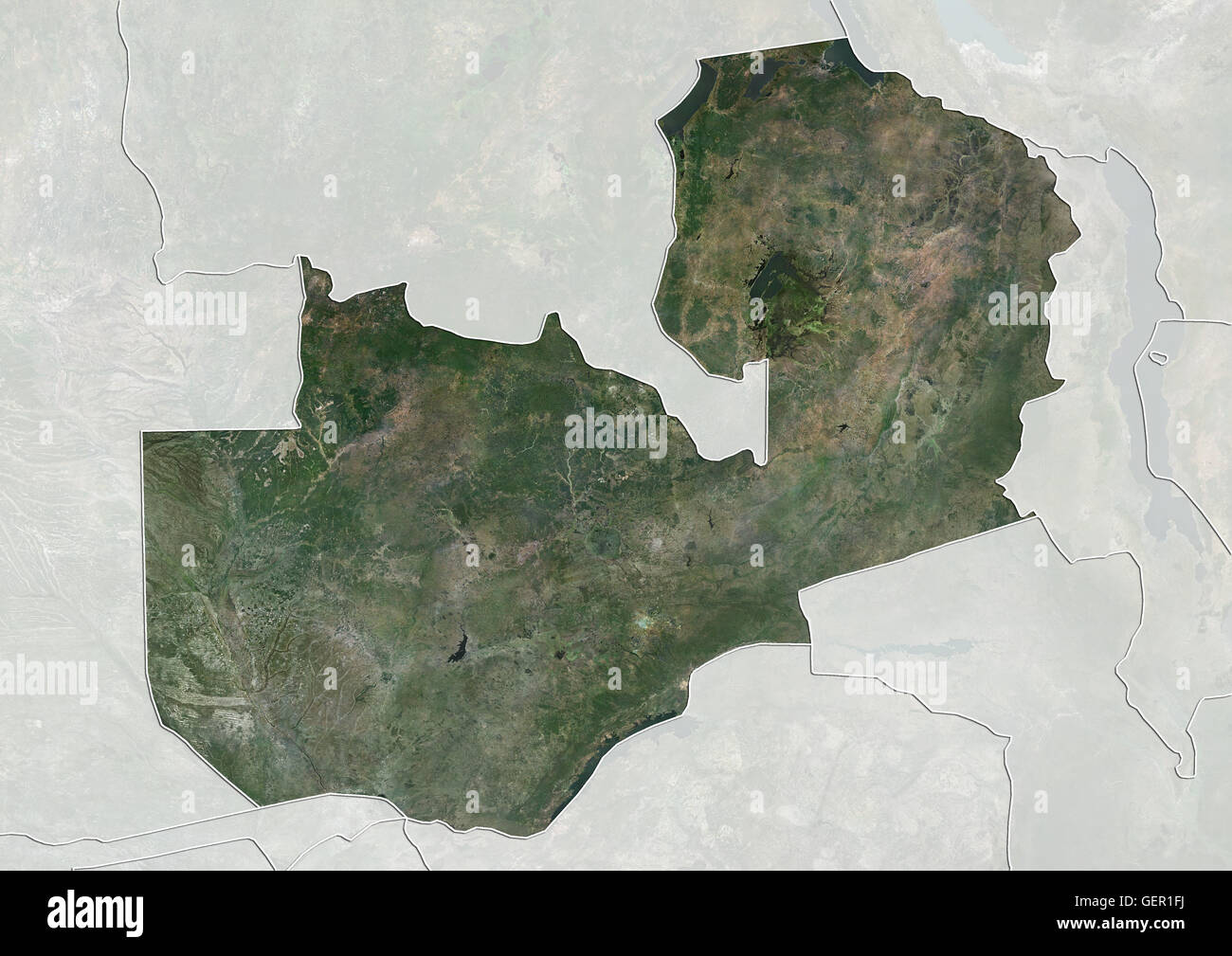Satellite view of Zambia (with country boundaries and mask). This image was compiled from data acquired by Landsat satellites. Stock Photo