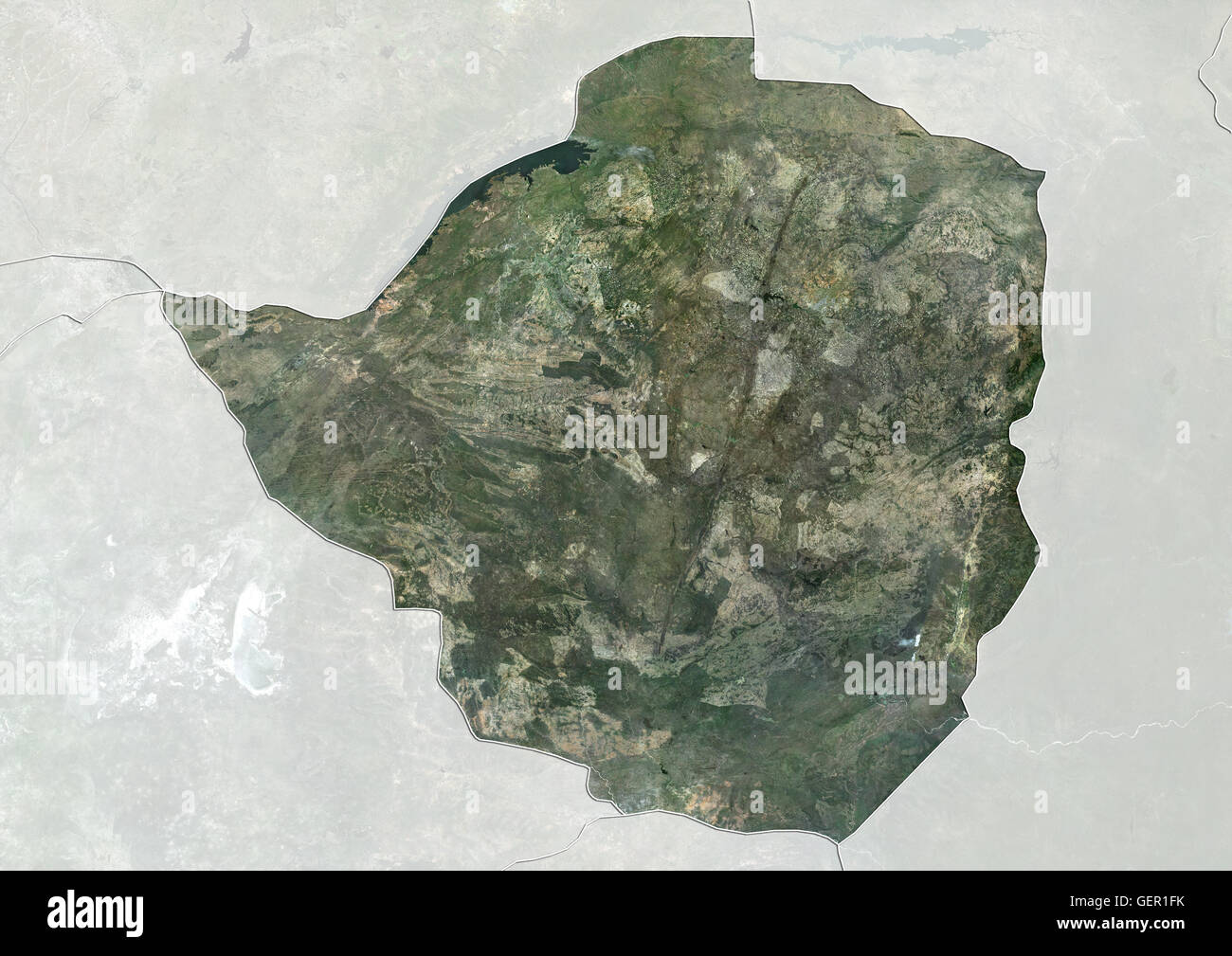 Satellite view of Zimbabwe (with country boundaries and mask). This image was compiled from data acquired by Landsat satellites. Stock Photo