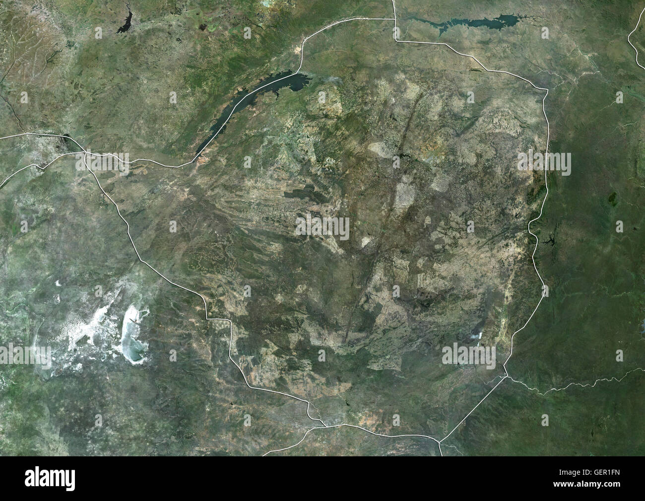 Satellite view of Zimbabwe (with country boundaries). This image was compiled from data acquired by Landsat satellites. Stock Photo