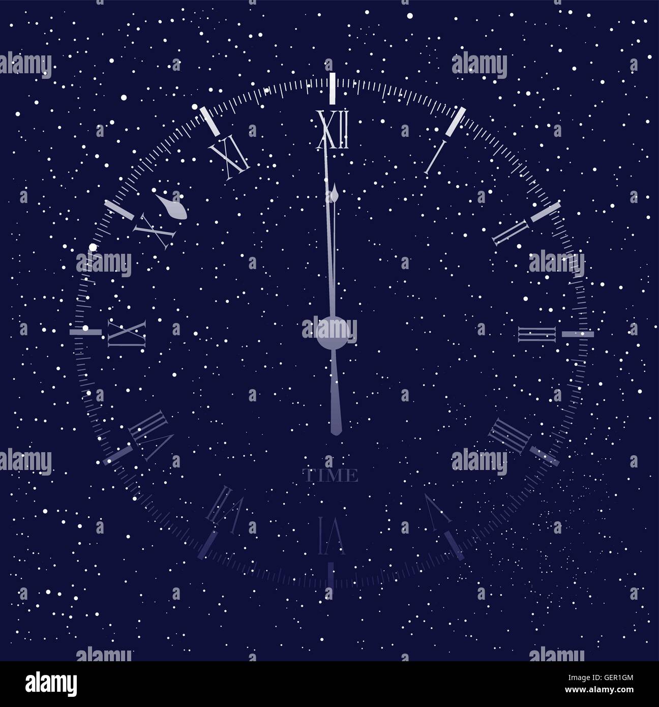 An old English office type clock face showing midnight over a star