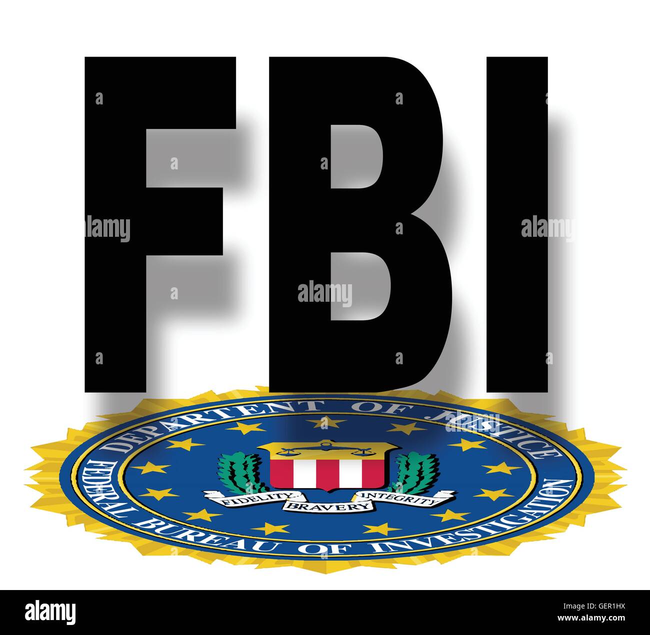 The seal of the Federal Bureau of Information over a white background With FBI text Stock Vector