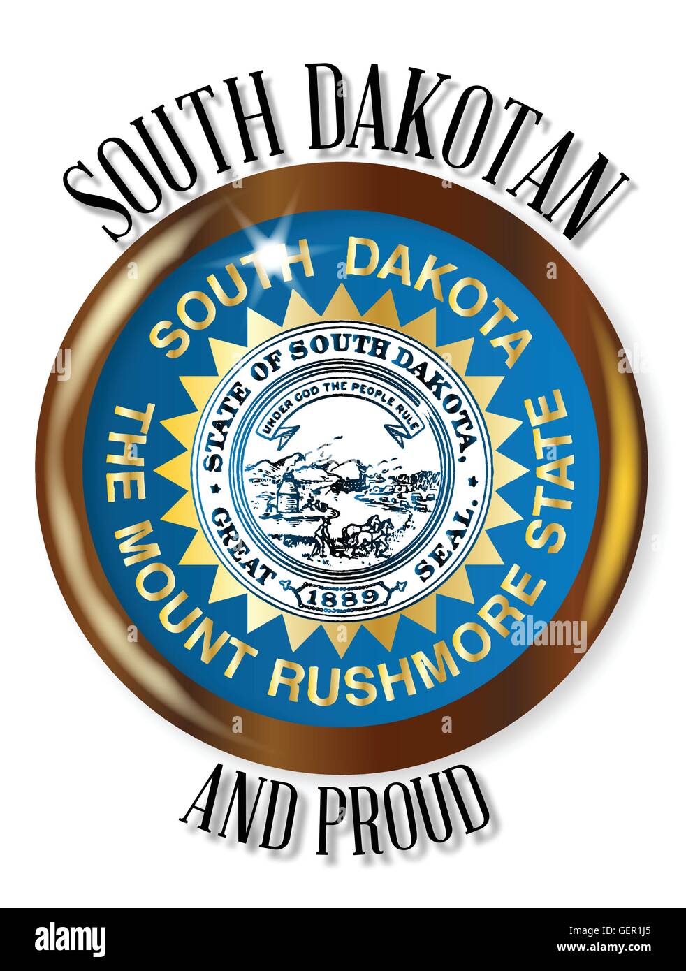South Dakota state flag button with a gold metal circular border over a white background with the text South Dakotan Proud Stock Vector