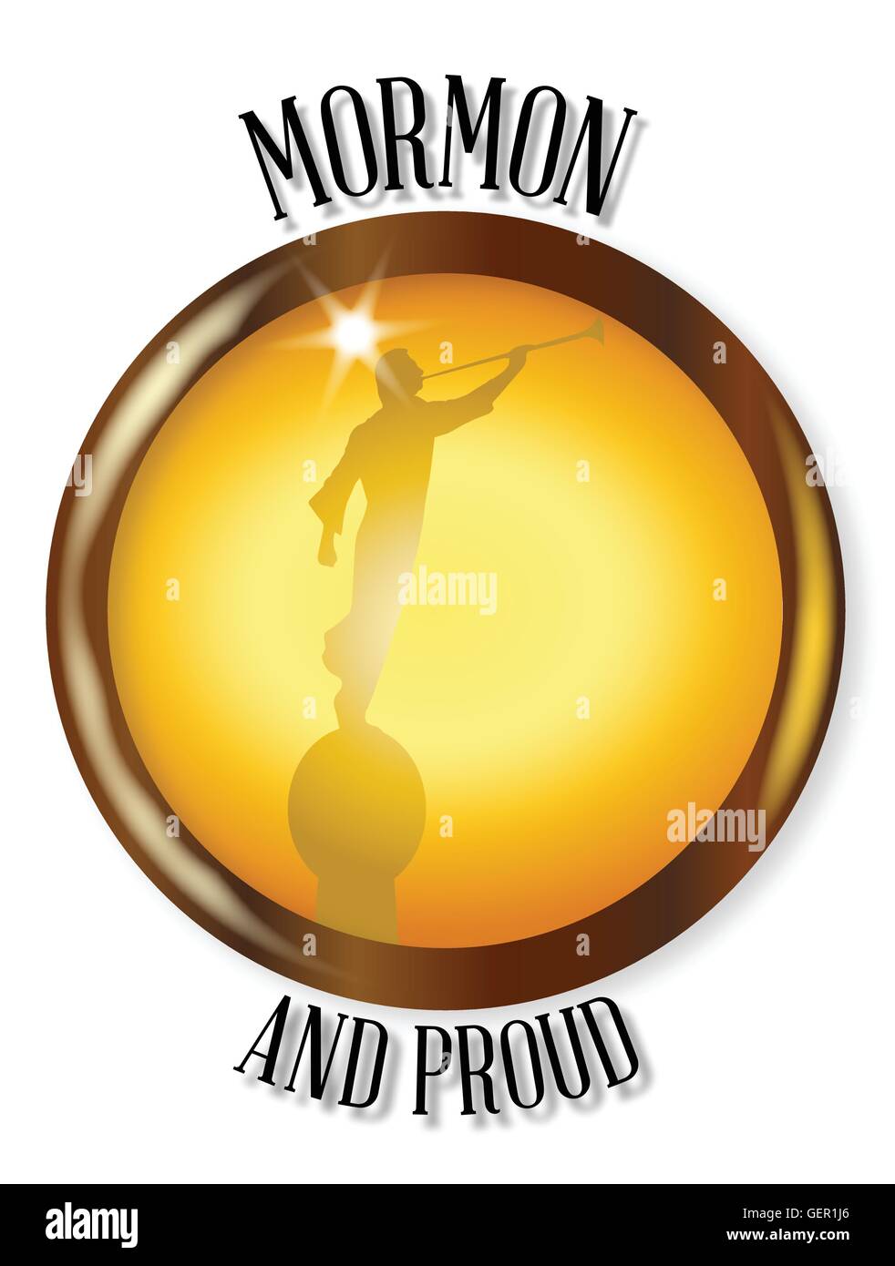 The Latter Day Saints angel Moroni blowing a horn on a Mormon and Proud button Stock Vector