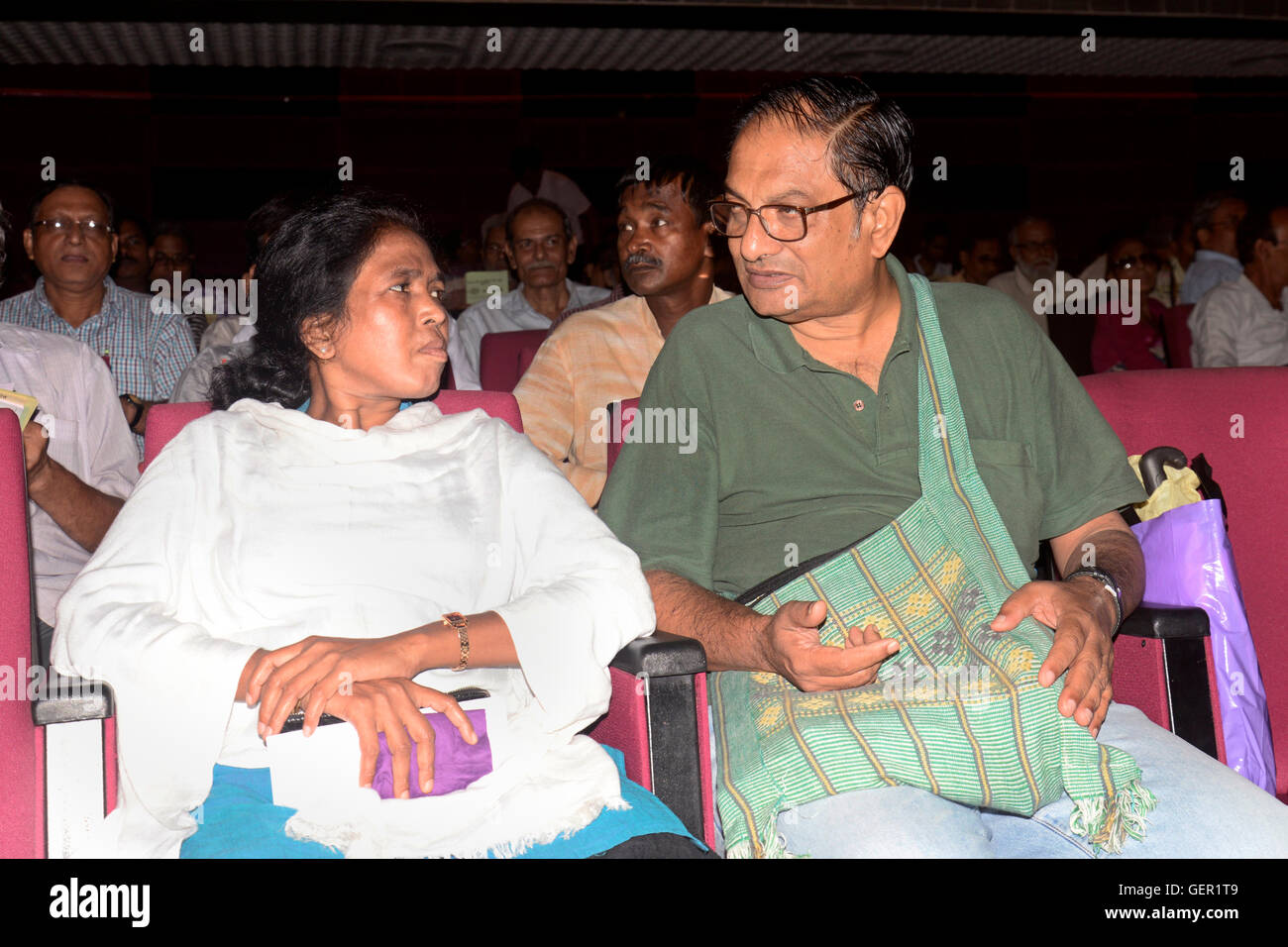 Dr. Binayak Sen doctor and social activist (R) with Soni Sori (L) during the program. Soni Sori social movement activist from Chhattisgarh discuss the condition of tribal people in Bastar during the memorial lecture of Prof. Abhee Dutta Mazumder organized by Forum against Monopolistic Aggression (India) in Kolkata. This year subject of lecture is 'Corporatocracy Versus People's Resistance'. Suvojit Bagchi, Chief of Bureau, The Hindu, Kolkata and Avra Chakroborty, Science Activist are other two panelist in this lecture. (Photo by Saikat Paul/Pacific Press) Stock Photo