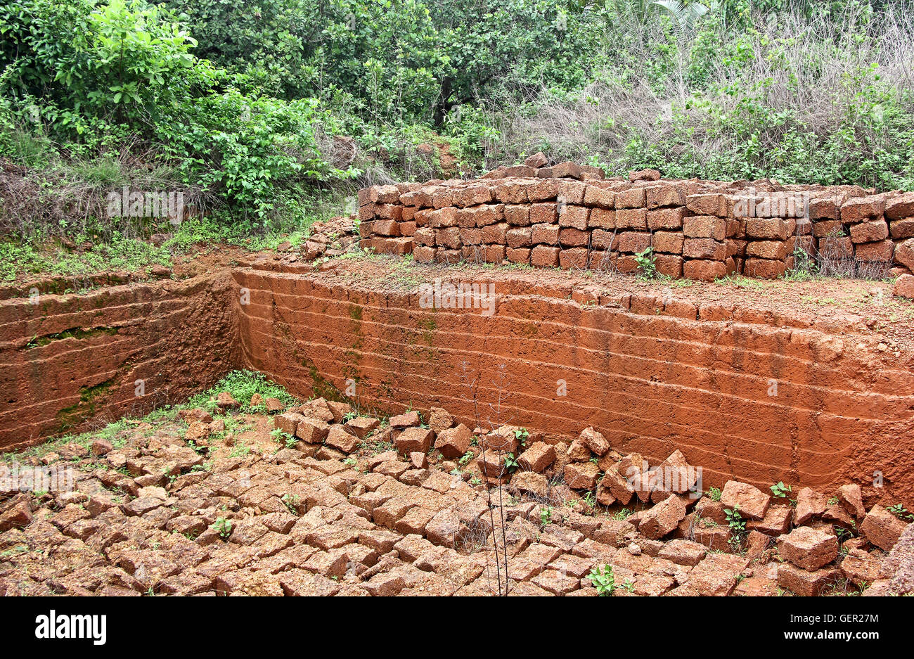 Quarry of laterite stone, a soft rock widely used as building material of old forts and houses in Goa and Konkan region, India. Stock Photo