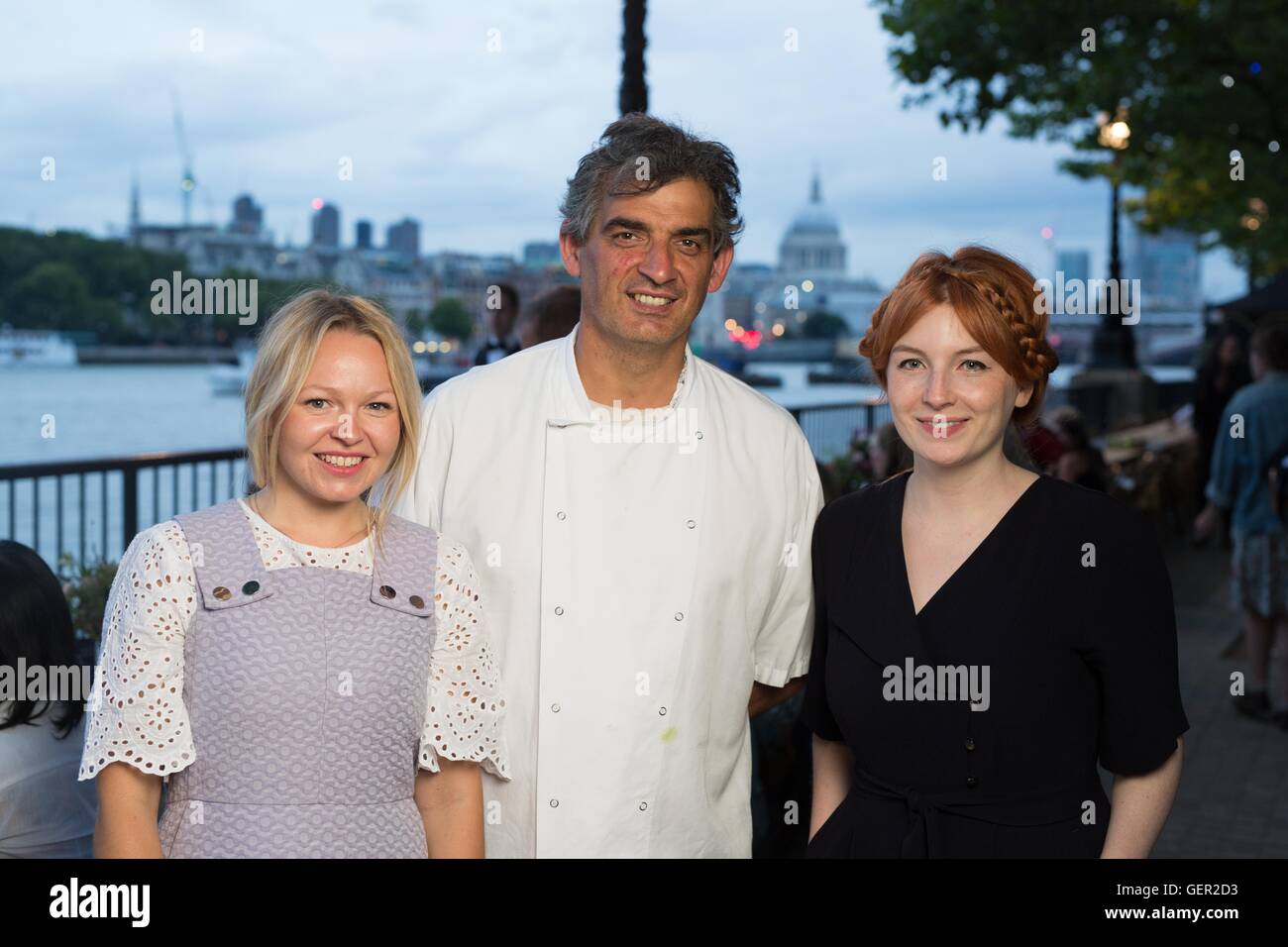 EDITORIAL USE ONLY (left to right) Rosie Birkett, Bruno Loubet head chef at Grainstore and Alice Levine attend La Maison Maille Â‘La Rive GaucheÂ’ on the Southbank, London. Stock Photo