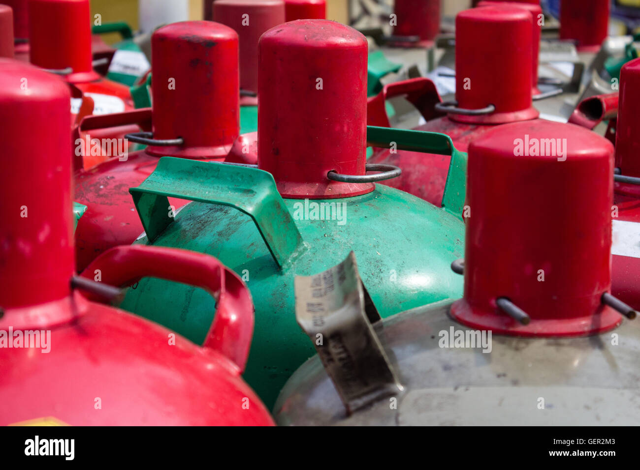 cooking gas containers closeup - group of gas bottles Stock Photo