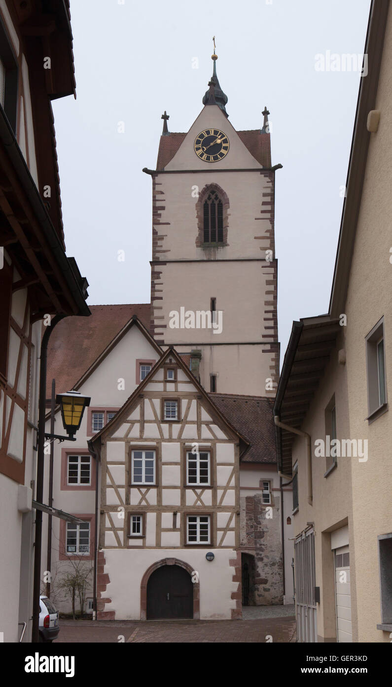 Traditional half-timbered houses and St Peter Church in Endingen am Kaiserstuhl, Baden-Wurttemberg, Germany. Stock Photo