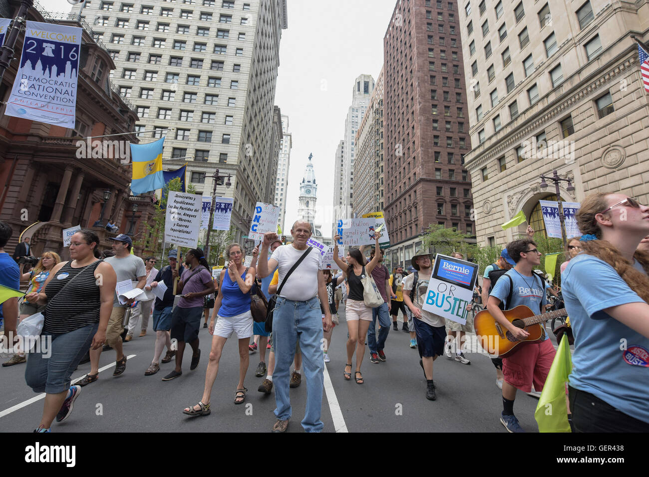 Philadelphia, United States. 25th July, 2016. Thousands of activists filled downtown Philadelphia & FDR Park to protest on behalf of environmental issues, economic fairness, racial equality & against police brutality & in favor of Bernie Sanders on day one of the Democratic National Convention. © Andy Katz/Pacific Press/Alamy Live News Stock Photo