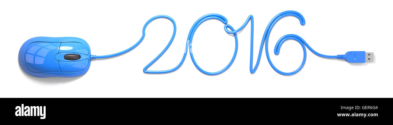 Blue mouse and cable in the shape of 2016 Stock Photo