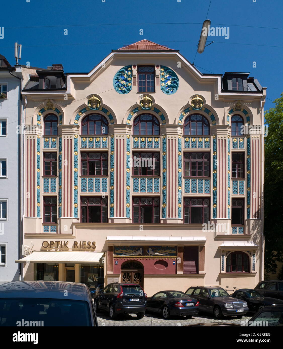 geography / travel, Germany, Bavaria, Munich, Optik Riess House, Schwabing west, Art Nouveau, facade, Stock Photo