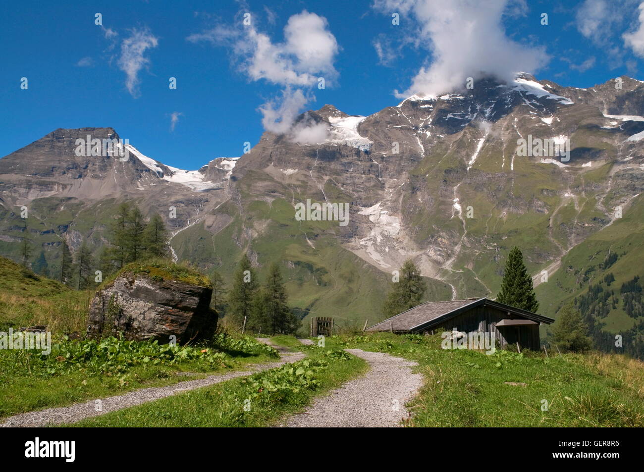 geography / travel, Austria, Salzburg County, Breitkopf, Hohe Dock, Wiesbachhorn, hut, Glockner Mountain range, national park Hohe Tauern, Stock Photo