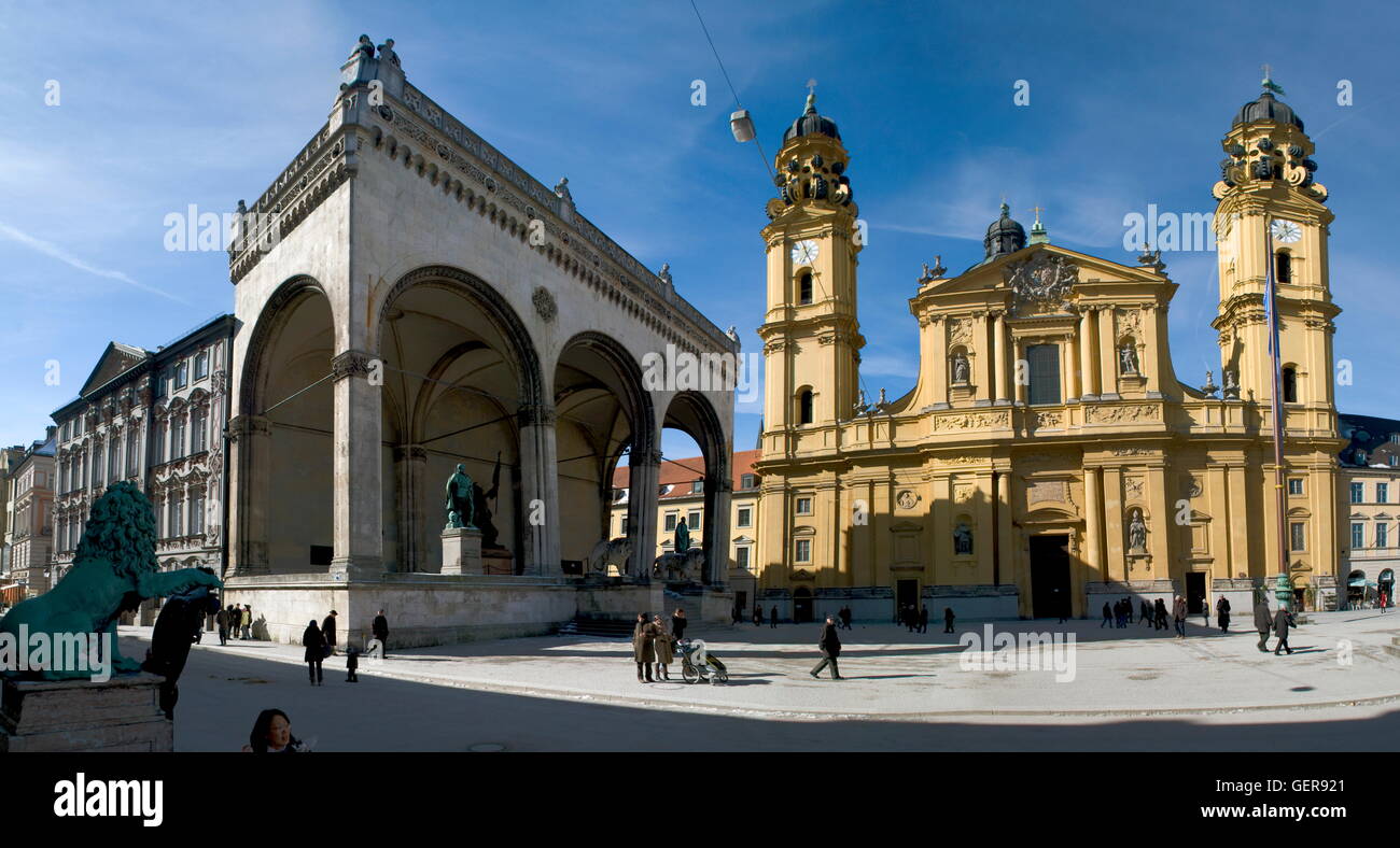 geography / travel, Germany, Bavaria, Munich, Odeonsplatz (square), Feldherrnhalle (Field Marshals' Hall), Theatine Church, Altstadt, Stock Photo