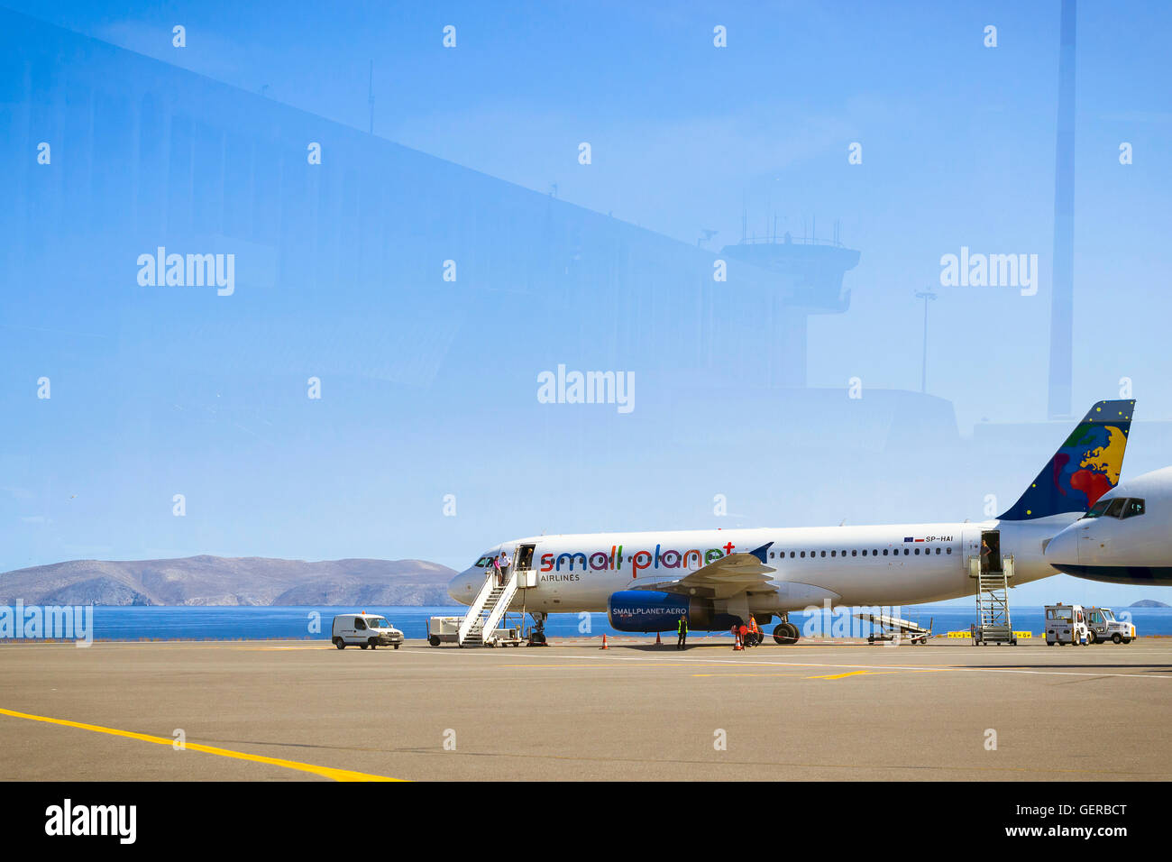 HERAKLION, GREECE - APRIL 28, 2016: Aircraft Airbus A320 Polish airlines Small Planet is on pre-flight preparation at Heraklion Stock Photo