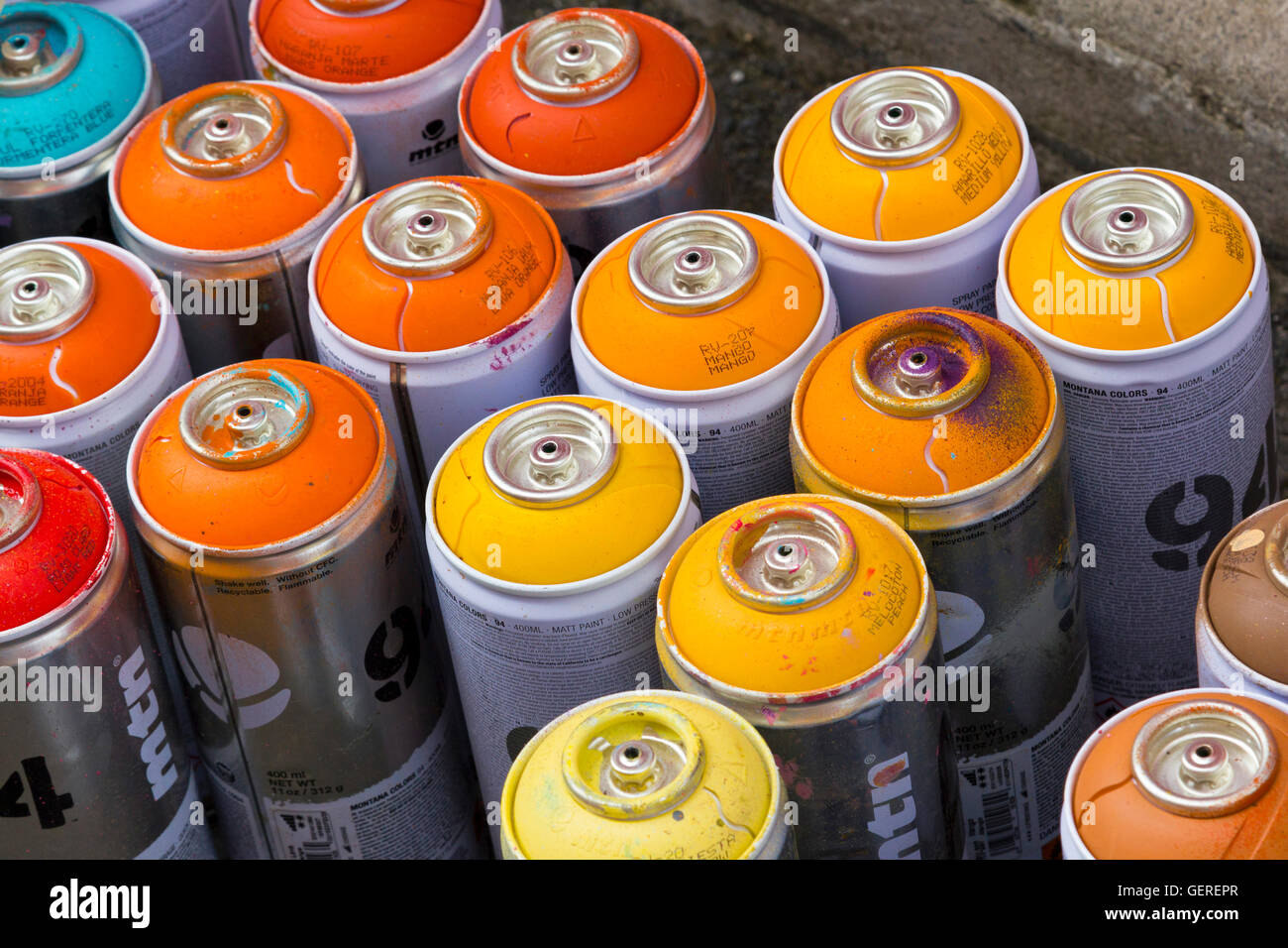 Cans of spray paint at Upfest (street art festival) in Bedminster, Bristol, UK, 23rd July 2016