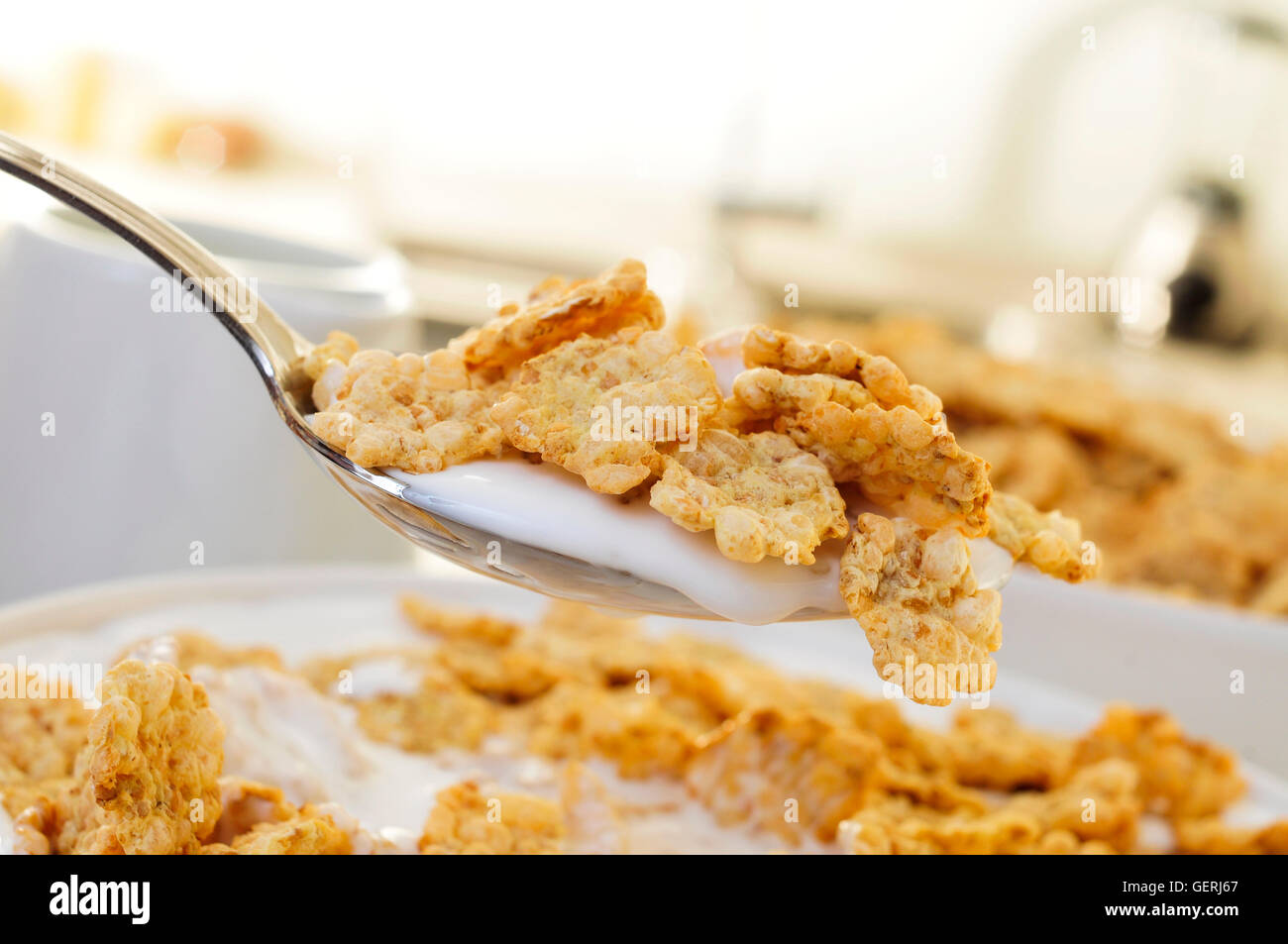 closeup of a spoon and a bowl with breakfast cereals soaked in yogurt Stock Photo