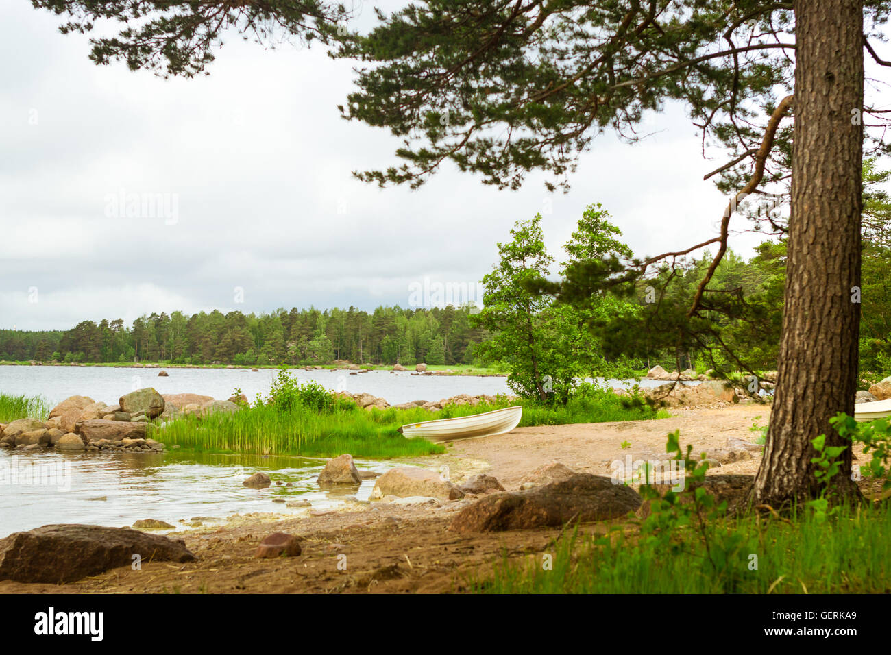 White rowing boat stands on a sandy shore in a quiet Bay of the Finnish Gulf. Area for summer camping in the woods. Hamina, Fin Stock Photo