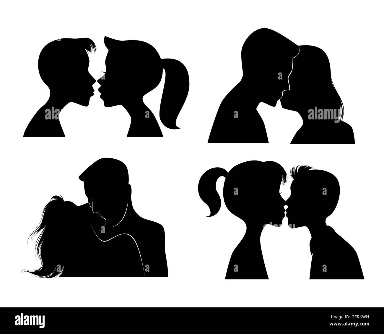 Vector illustration of a four kissing couples silhouettes Stock Vector