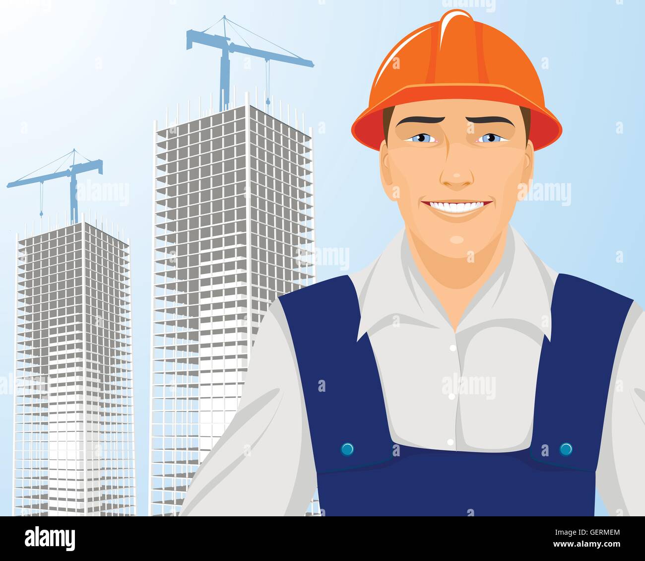 Vector illustration of a builder on skyscrapers background Stock Vector